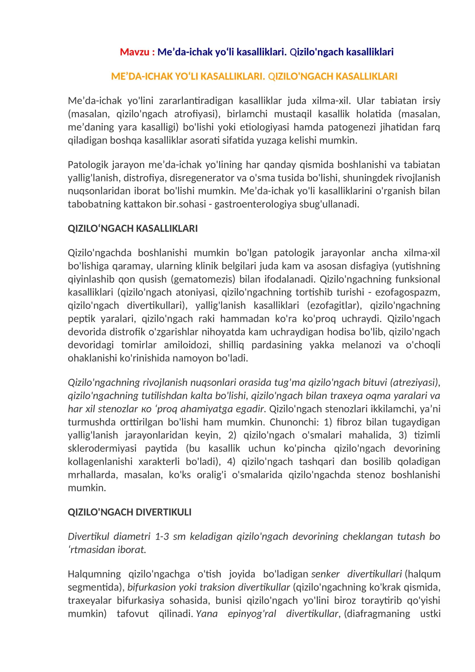 Me’da-ichak yo‘li kasalliklari. Qizilo'ngach kasalliklari