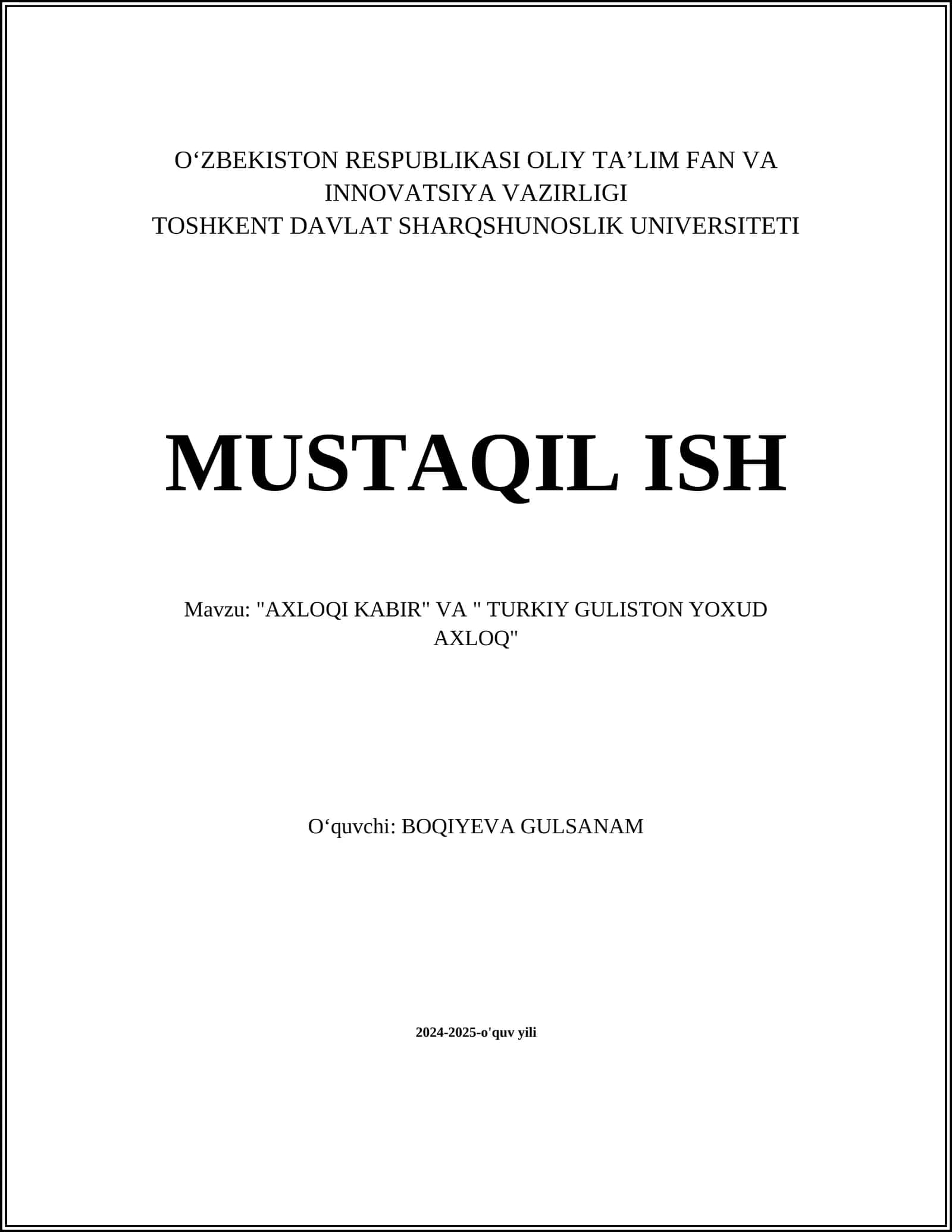 "AXLOQI KABIR" VA " TURKIY GULISTON YOXUD AXLOQ"
