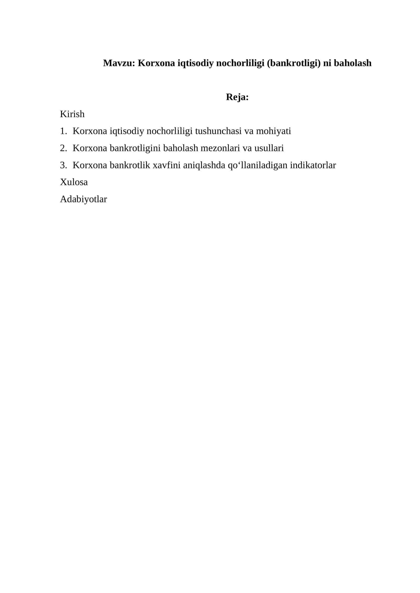 Korxona iqtisodiy nochorliligi (bankrotligi) ni baholash