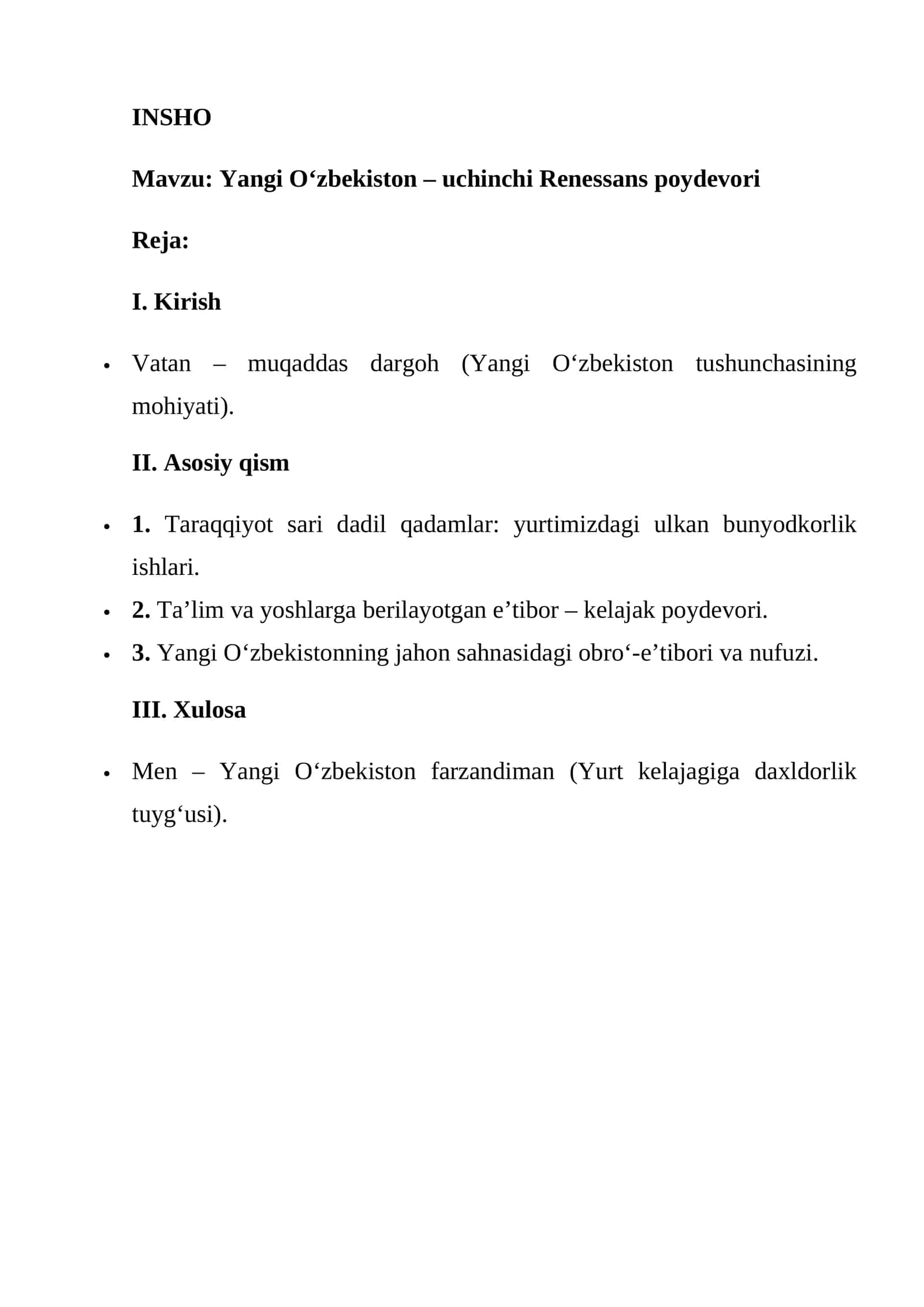 Yangi O‘zbekiston – uchinchi Renessans poydevori   INSHO