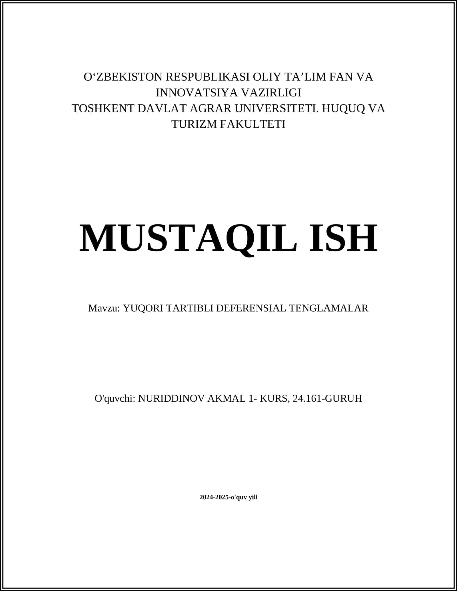 YUQORI TARTIBLI DEFERENSIAL TENGLAMALAR