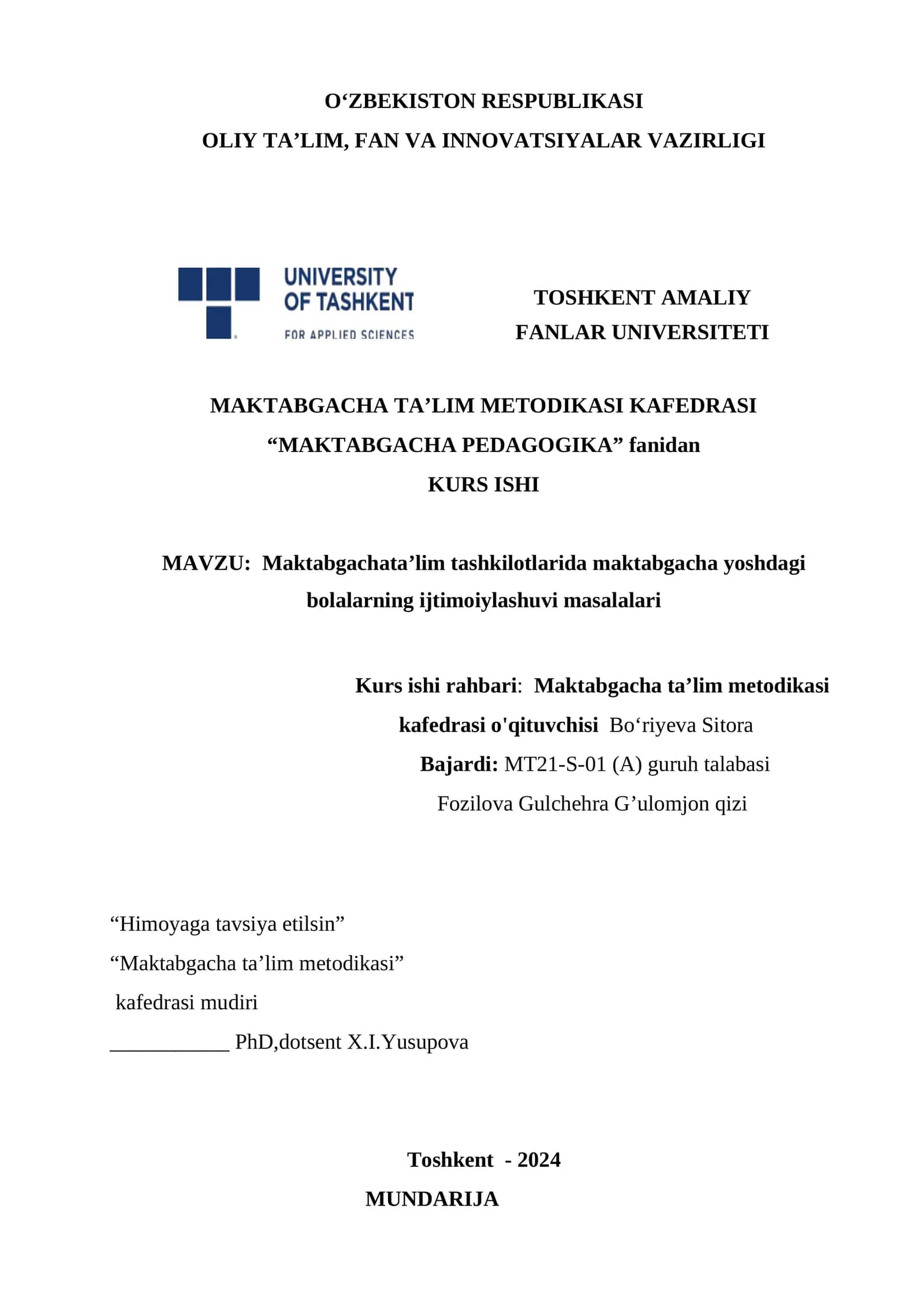 Maktabgachata’lim tashkilotlarida maktabgacha yoshdagi bolalarning ijtimoiylashuvi masalalari