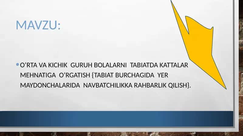 O'rta va kichik guruh bolalarni tabiatda kattalar mehnatimga o'rgatish (tabiat burchagida yer maydonchalarida navbatchilikka rahbarlik qilish