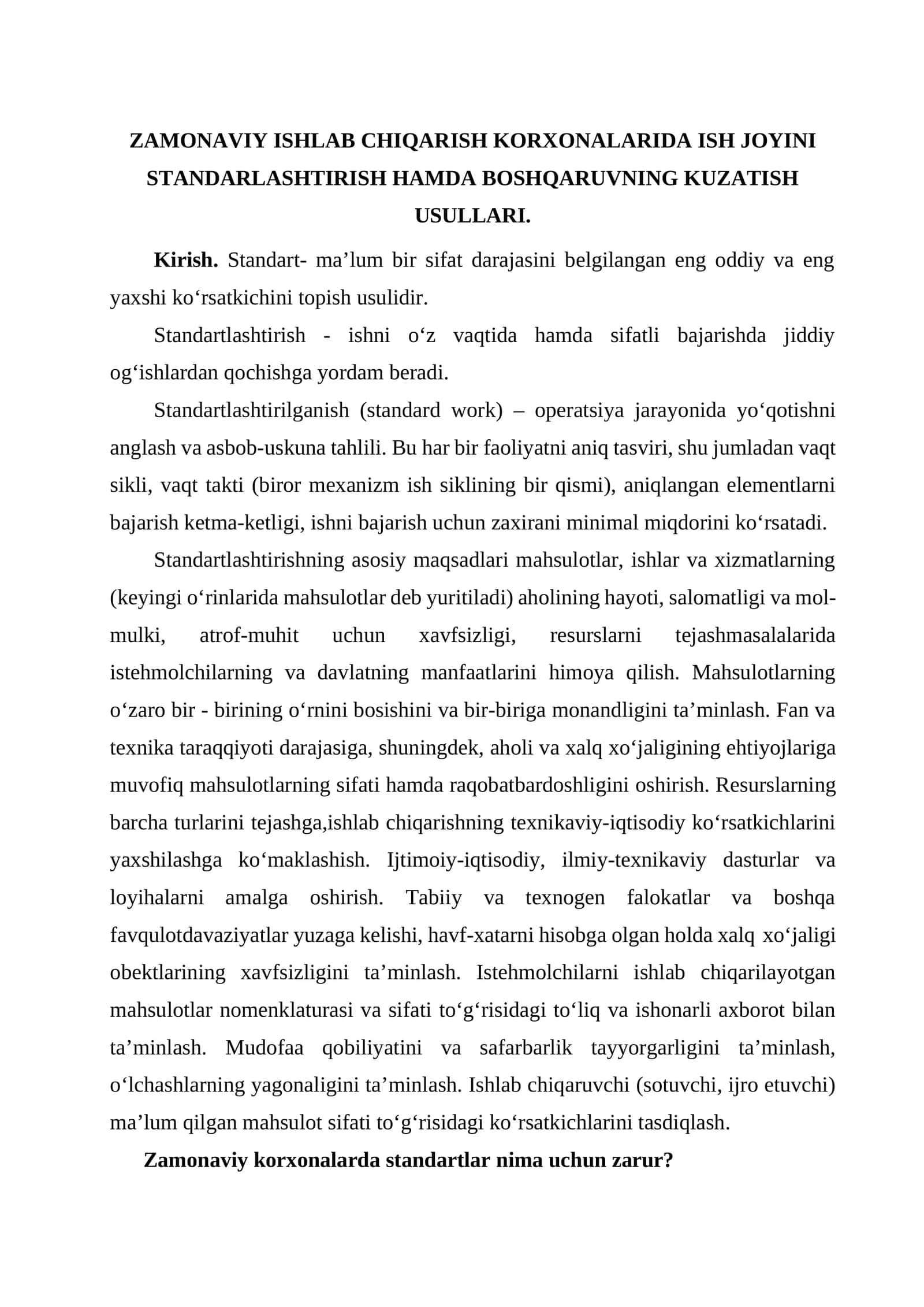 Zamonaviy Ishlab Chiqarish Korxonalarida Ish Joyini Standarlashtirish Hamda Boshqaruvning Kuzatish Usullari.