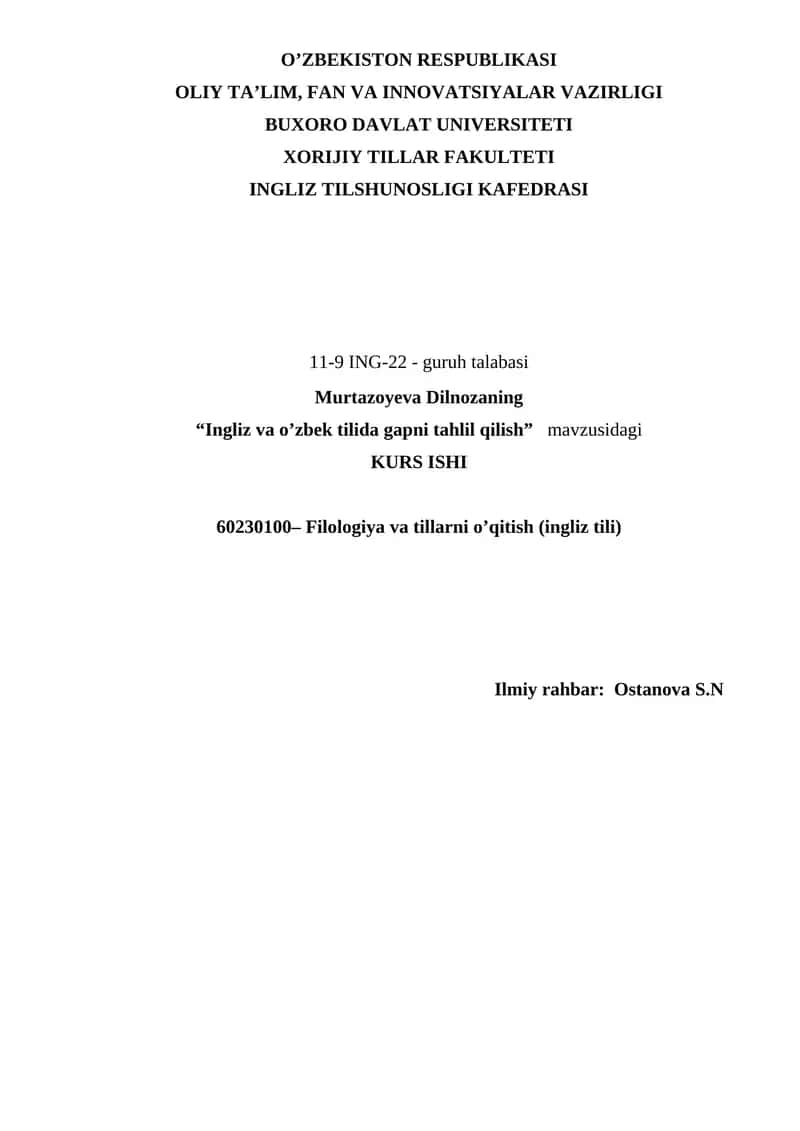 Ingliz va o’zbek tilida gapni tahlil qilish