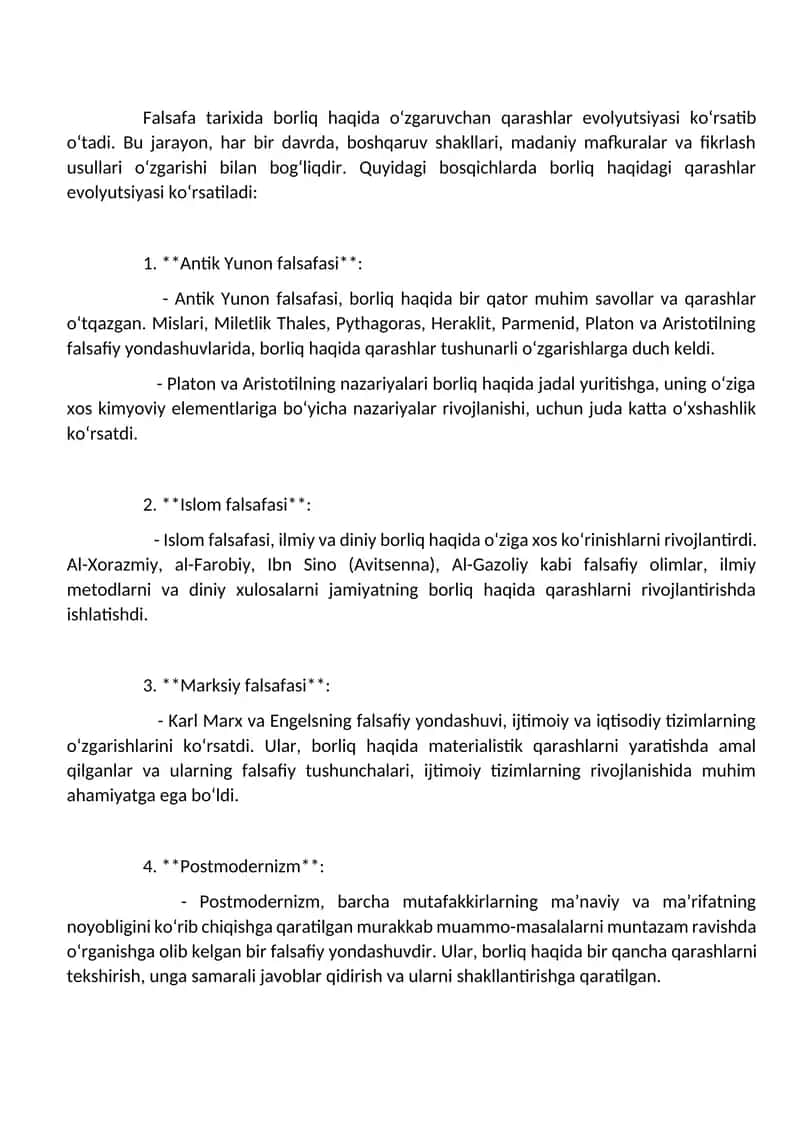 Falsafa tarixida borliq haqida o‘zgaruvchan qarashlar evolyutsiyasi