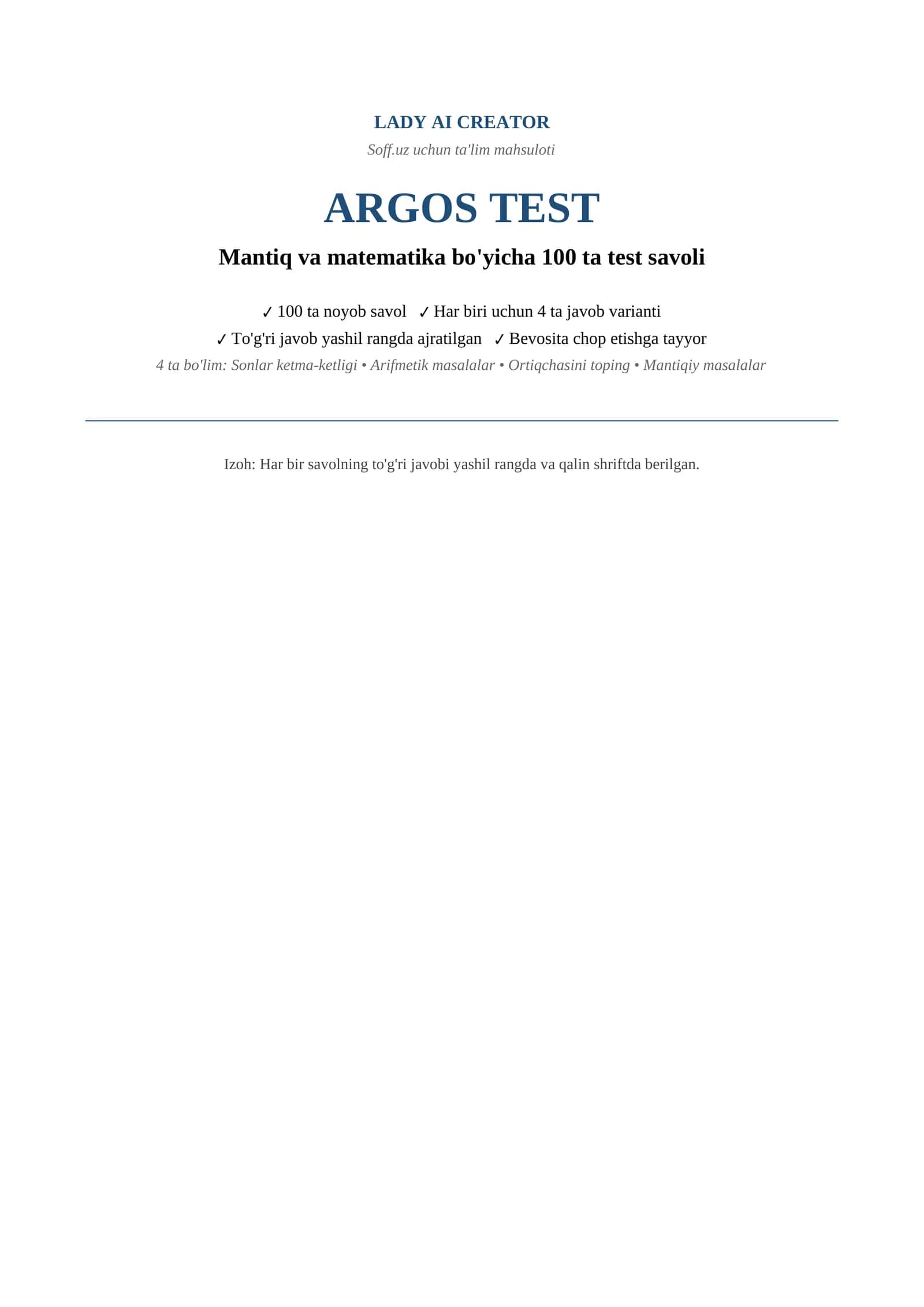 ARGOS Test — Mantiq va Matematika: 100 ta Savol va Javoblar To'plami (2026)