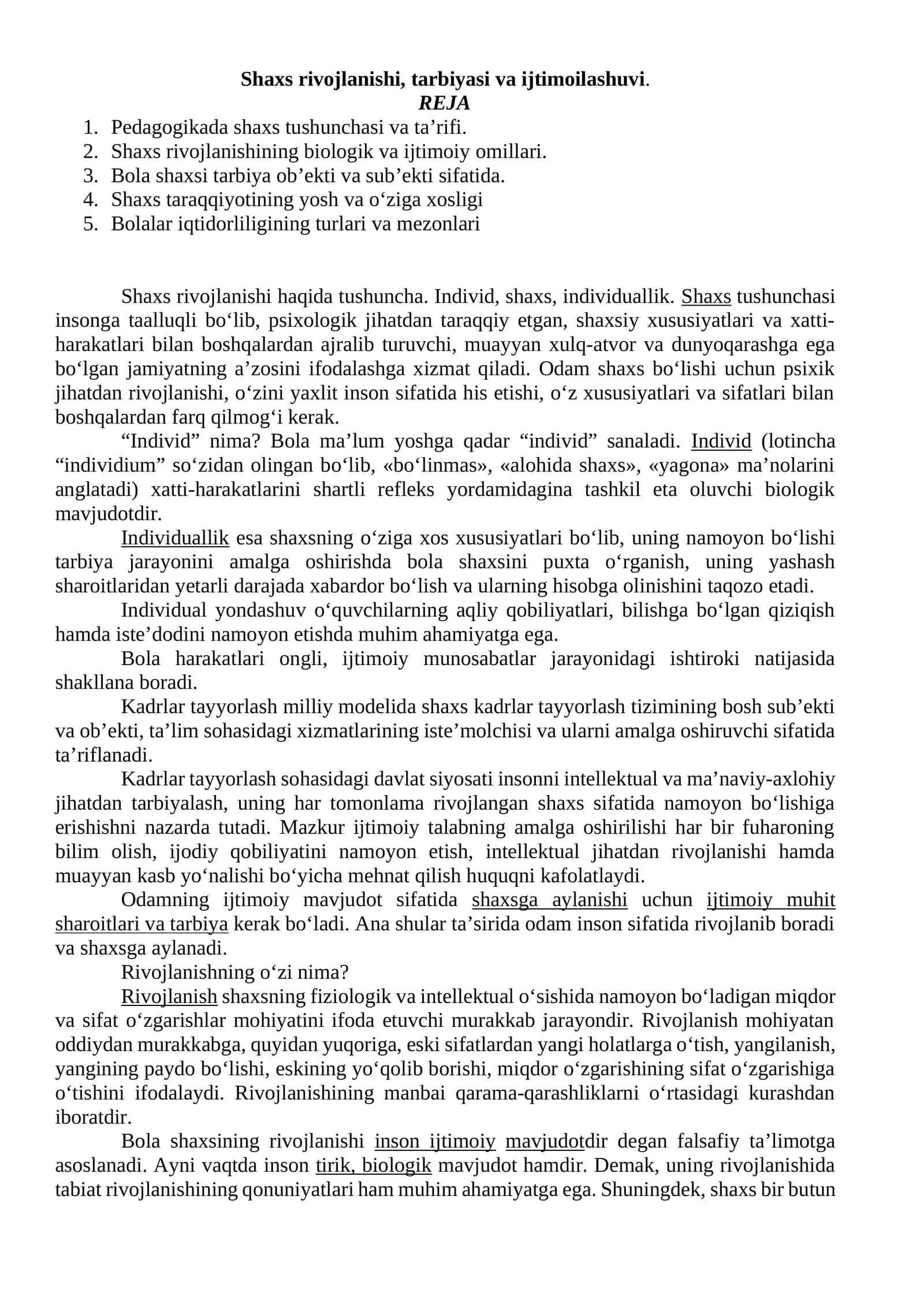 Shaxs rivojlanishi, tarbiyasi va ijtimoiylashuvi