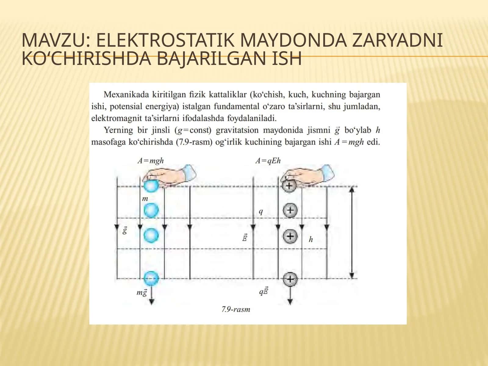 ELEKTROSTATIK MAYDONDA ZARYADNI KO‘CHIRISHDA BAJARILGAN ISH. 10-fizika fanidan dars ishlanma.