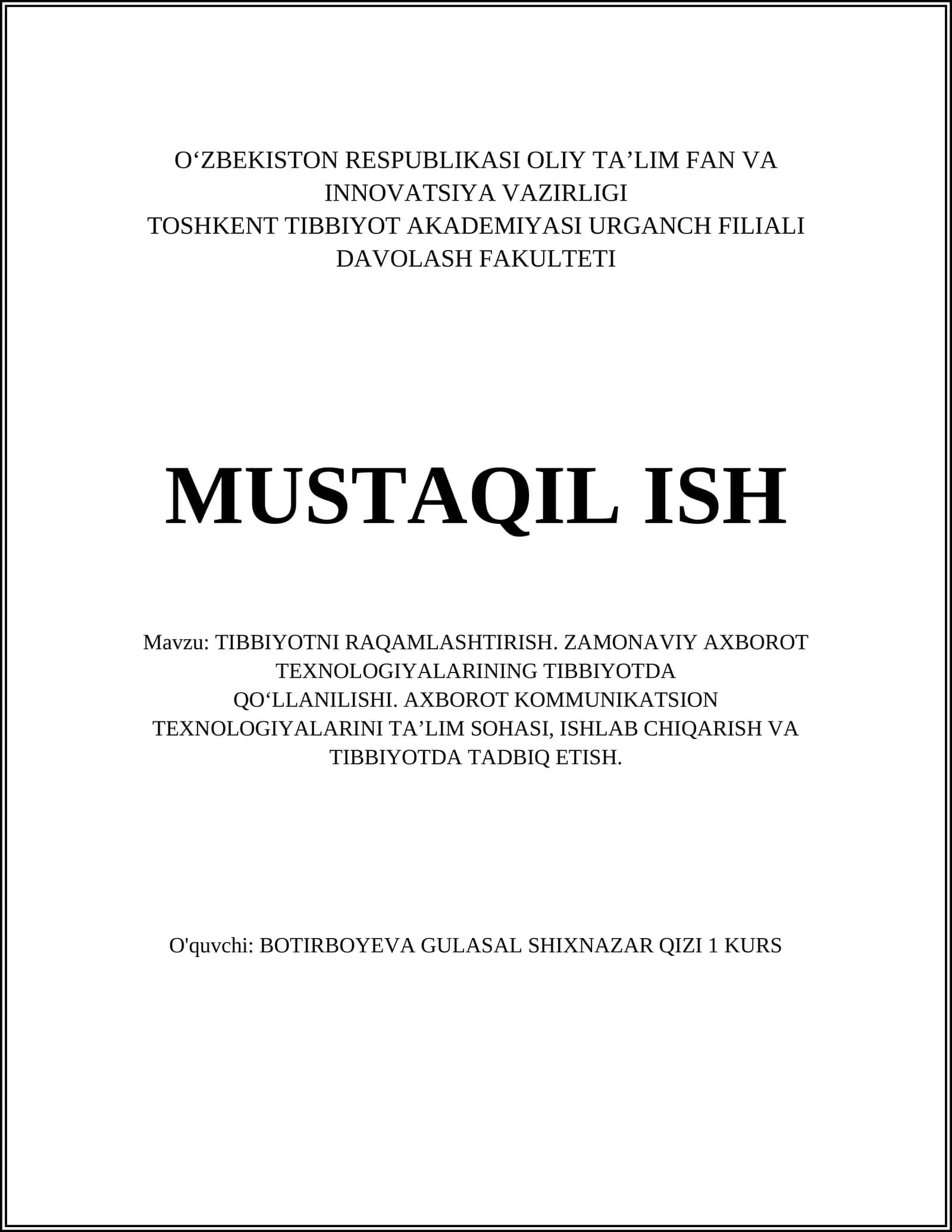 TIBBIYOTNI RAQAMLASHTIRISH