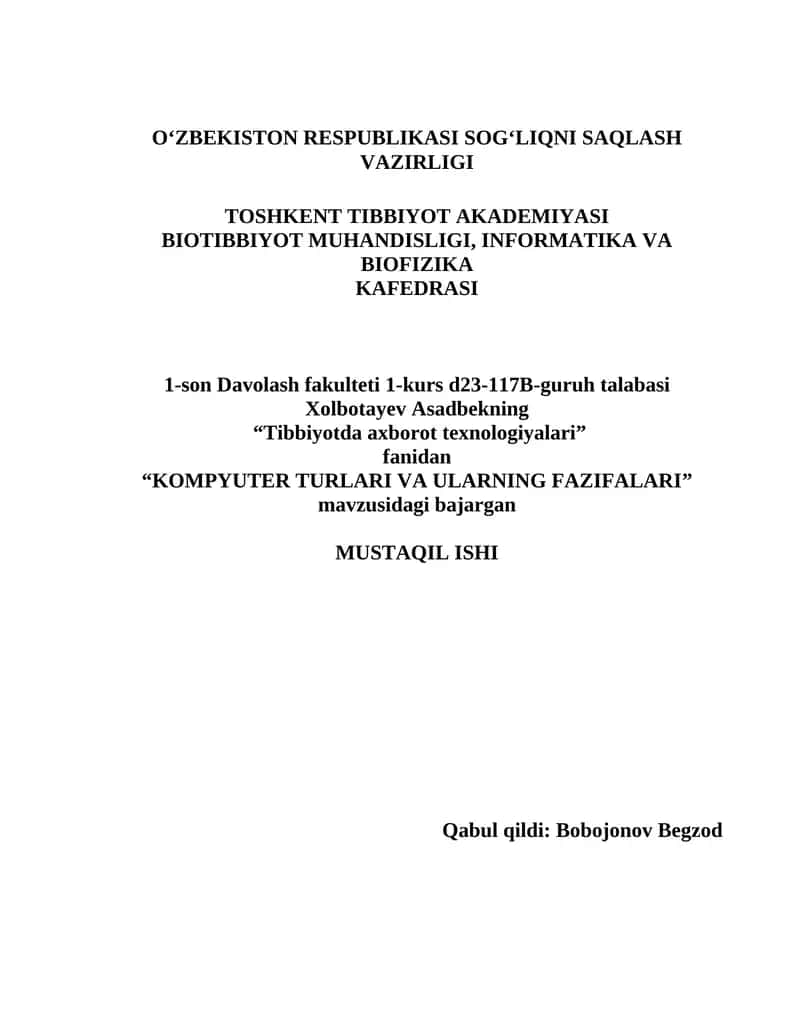 "KOMPYUTER TURLARI VA ULARNING FAZIFALARI"