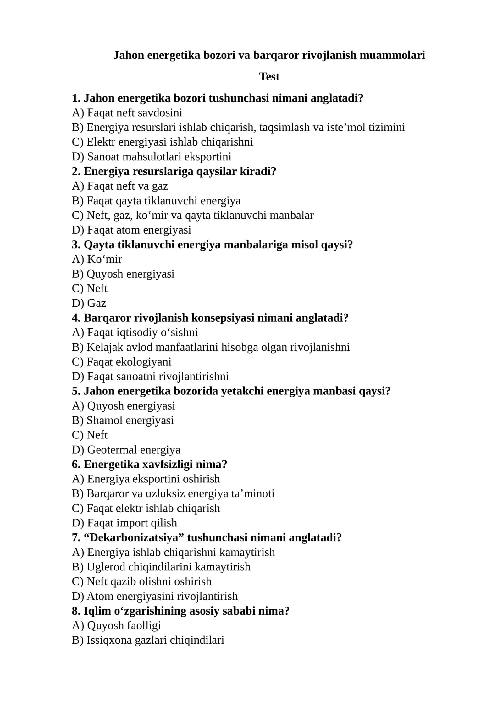 Jahon energetika bozori va barqaror rivojlanish muammolari