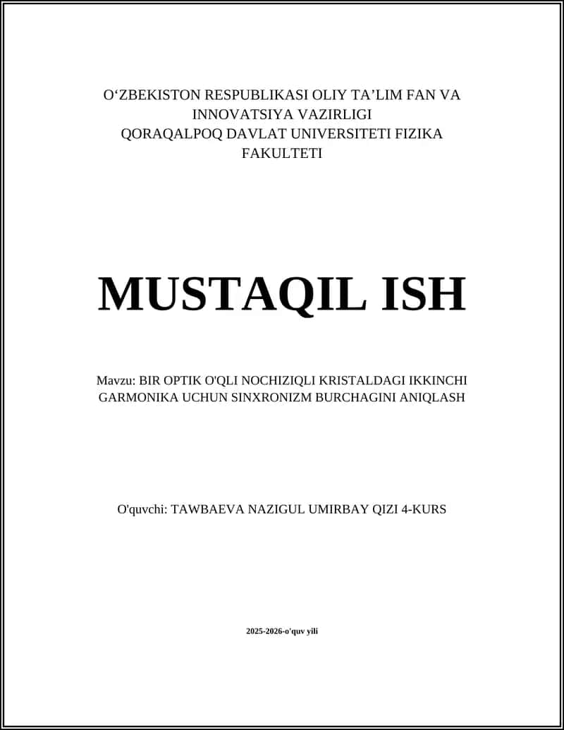 BIR OPTIK O'QLI NOCHIZIQLI KRISTALDAGI IKKINCHI GARMONIKA UCHUN SINXRONIZM BURCHAGINI ANIQLASH
