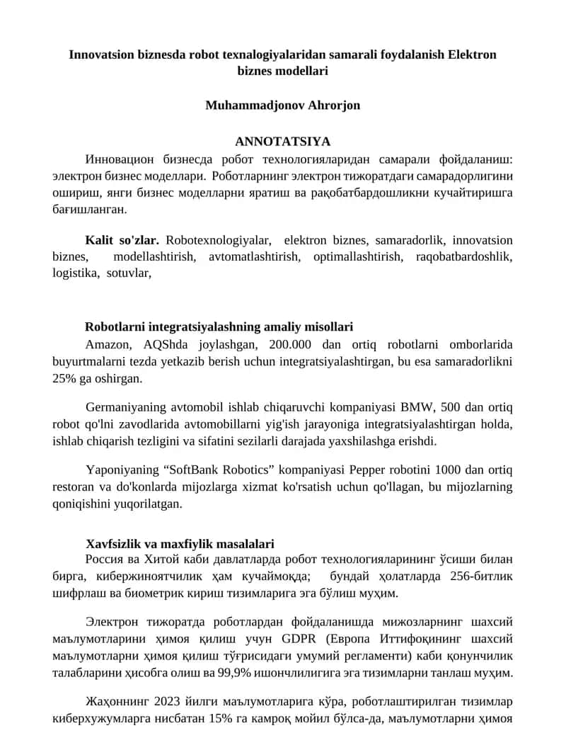 Innovatsion biznesda robot texnologiyalaridan samarali foydalanish Elektron biznes modellari