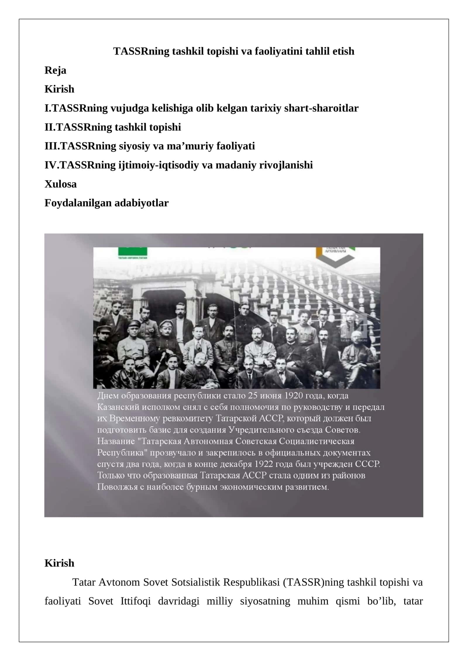 TASSRning tashkil topishi va faoliyatini tahlil etish