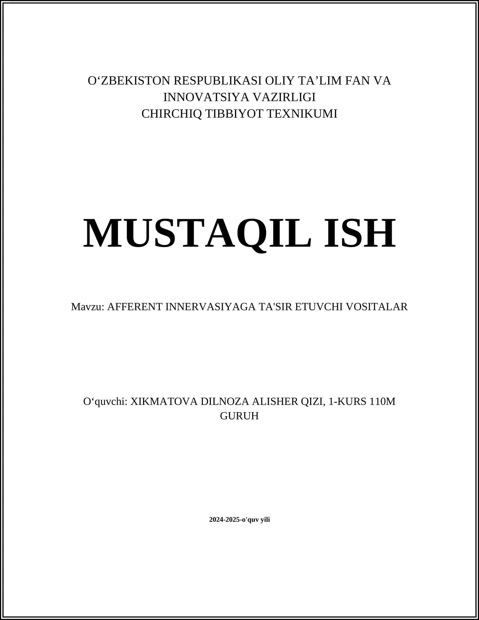 AFFERENT INNERVASIYAGA TA'SIR ETUVCHI VOSITALAR