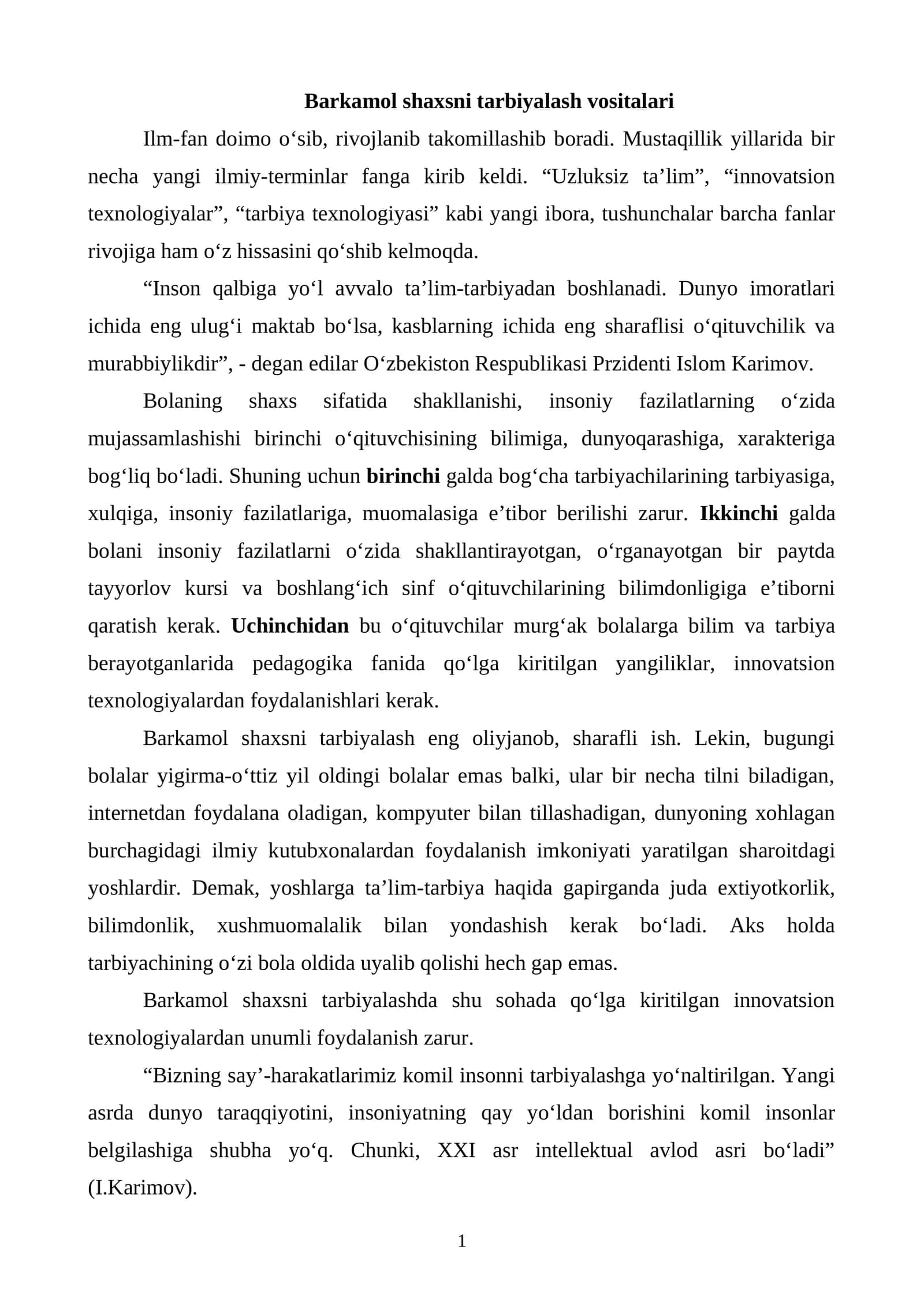 Barkamol shaxsni tarbiyalash vositalari
