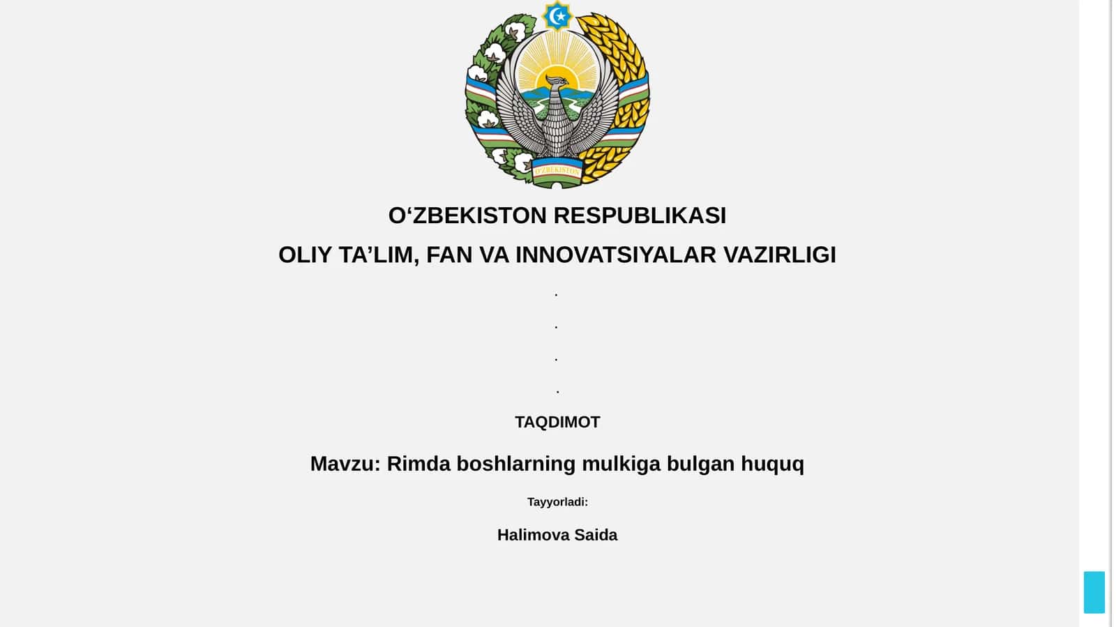 Rimda boshlarning mulkiga bulgan huquq