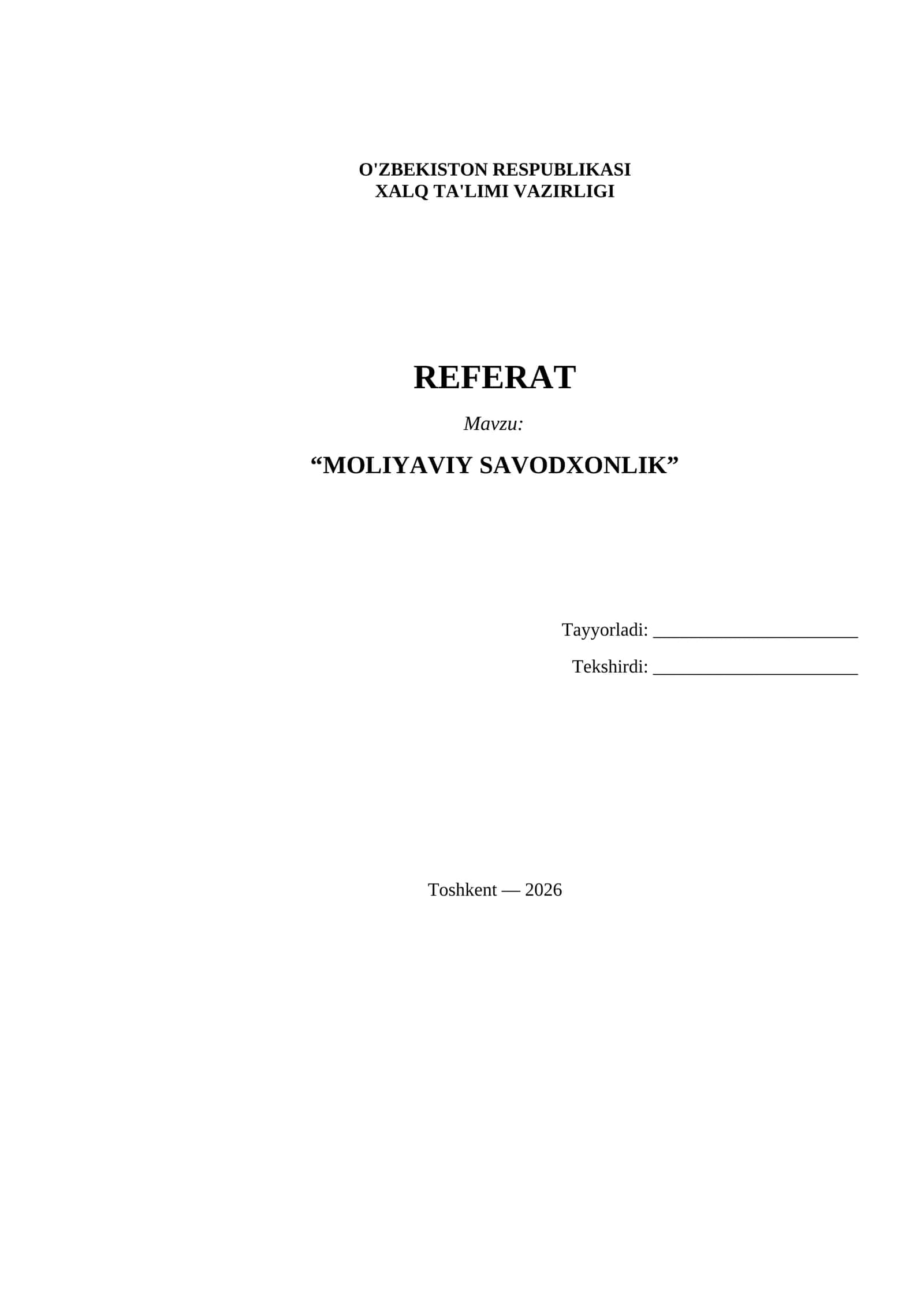 Referat Moliyaviy savodxonlik