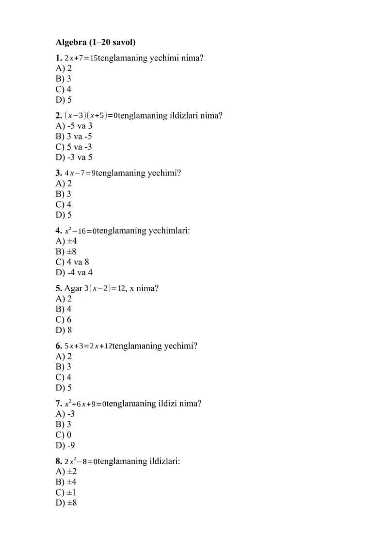 Matematika fan 10 sinflar uchun 100 talik test