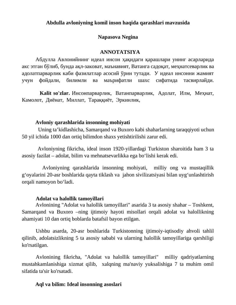Abdulla Avloniyning ideal inson haqida qarashlari