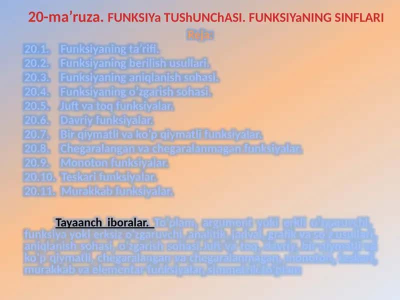 Oliy matematika: funksiya tushunchasi va funksiyalar sinflari (slayd)