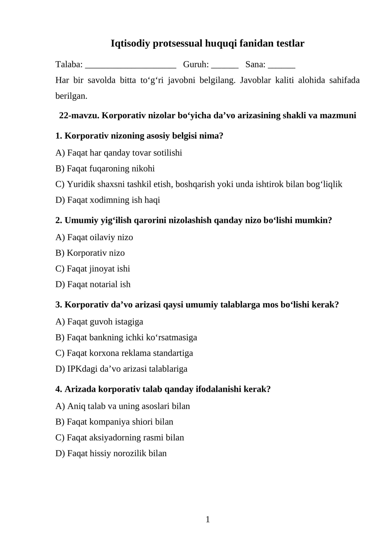 Korporativ nizolar bo‘yicha da’vo arizasining shakli va mazmuni TEST.