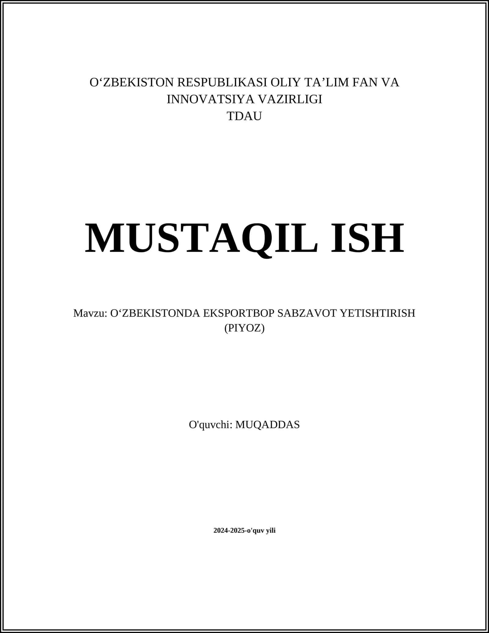 OʻZBEKISTONDA EKSPORTBOP SABZAVOT YETISHTIRISH (PIYOZ)