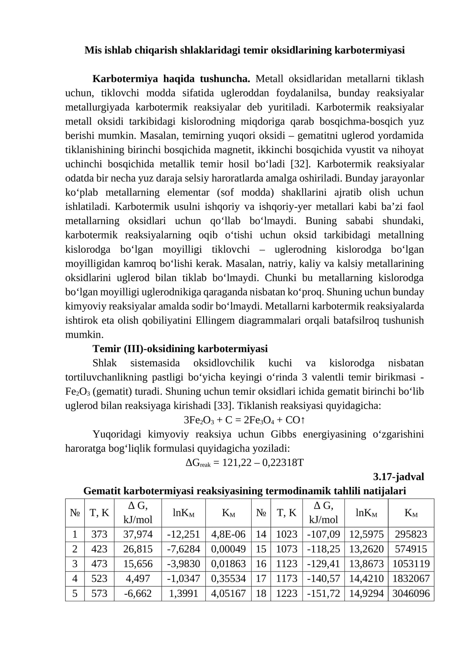 Mis ishlab chiqarish shlaklaridagi temir oksidlarining karbotermiyasi