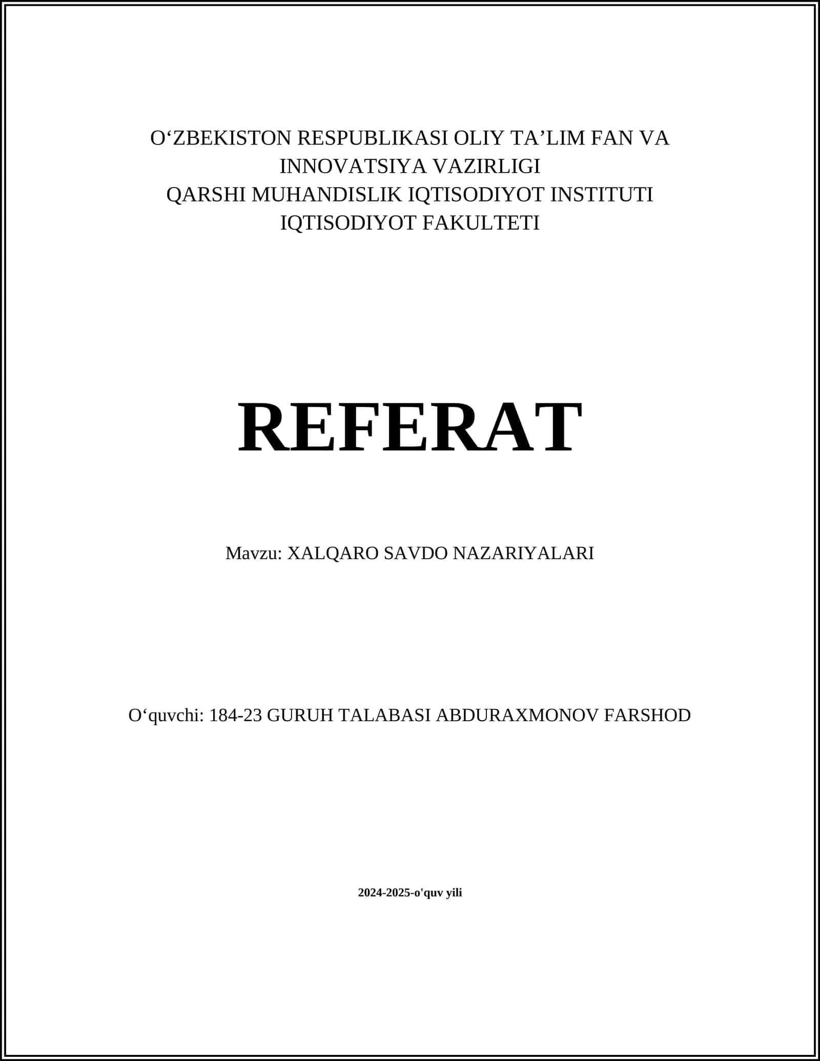 XALQARO SAVDO NAZARIYALARI