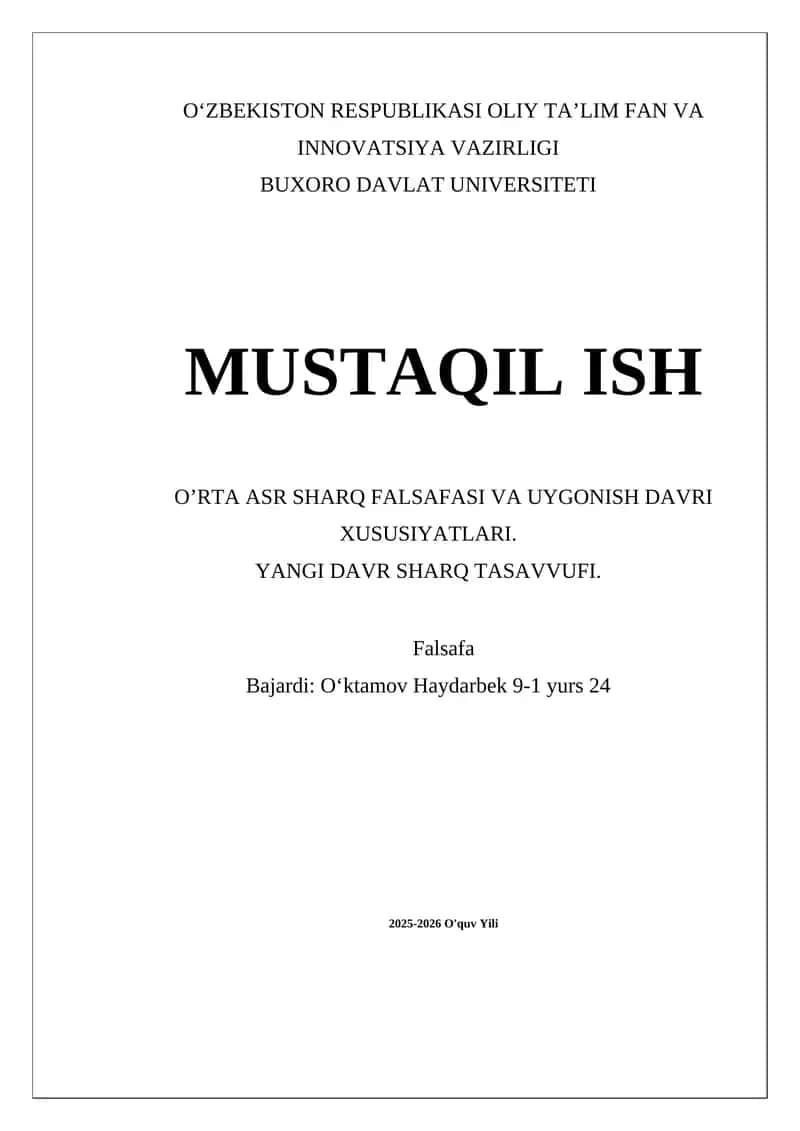 O’RTA ASR SHARQ FALSAFASI VA UYGONISH DAVRI XUSUSIYATLARI