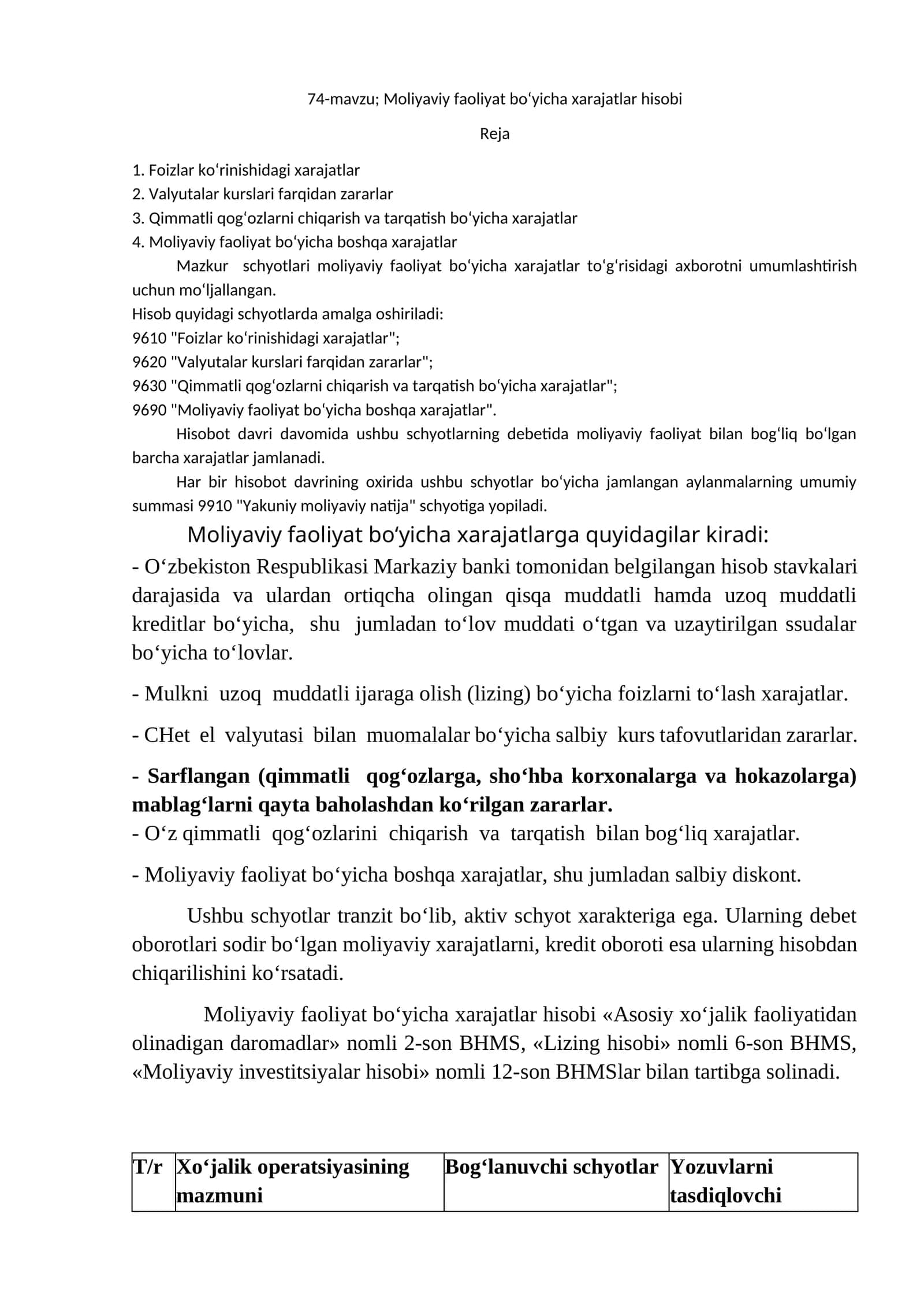 Moliyaviy faoliyat bo‘yicha xarajatlar hisobi