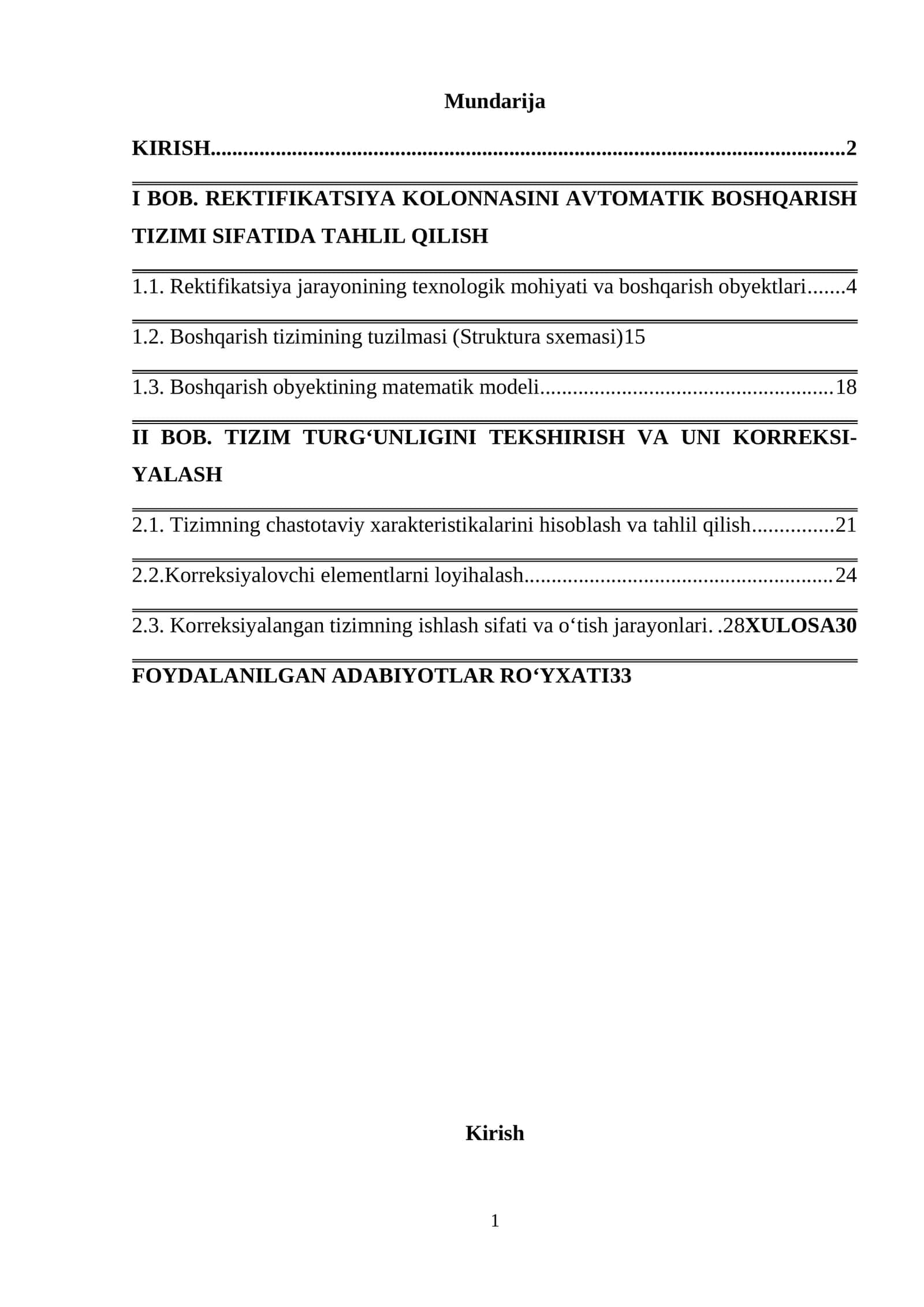 REKTIFIKATSIYA KOLONNASINI AVTOMATIK BOSHQARISH TIZIMI SIFATIDA TAHLIL QILISH