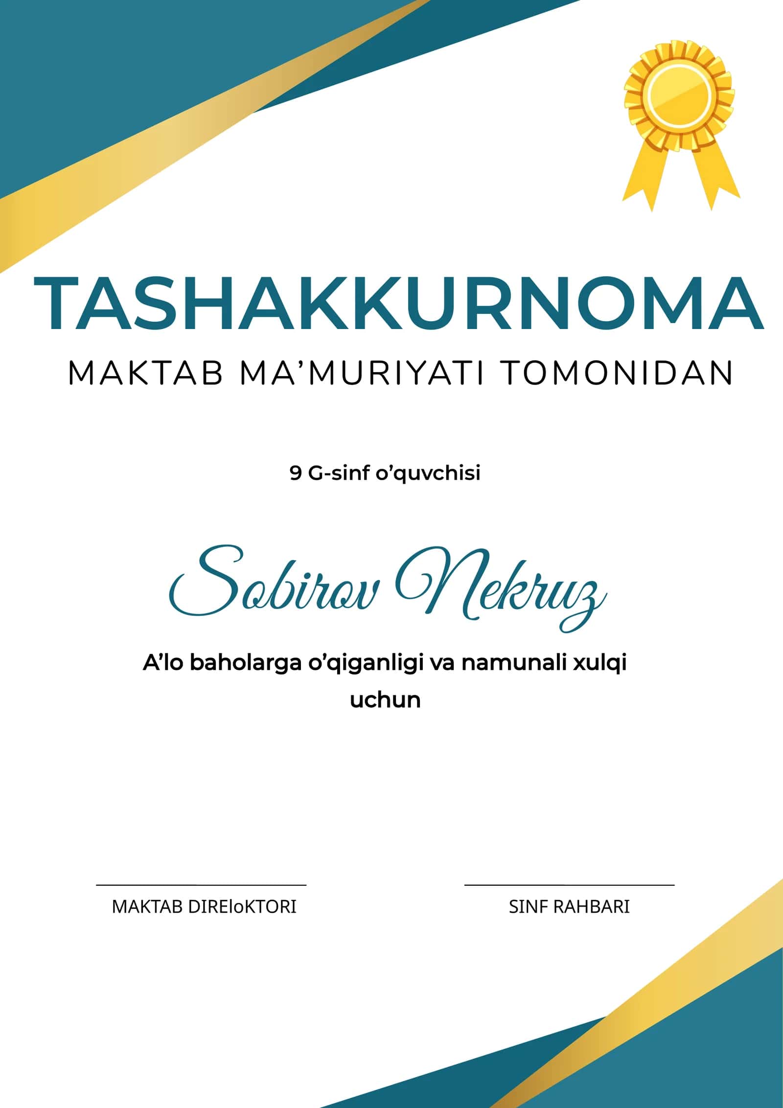 Tashakkurnoma shablon