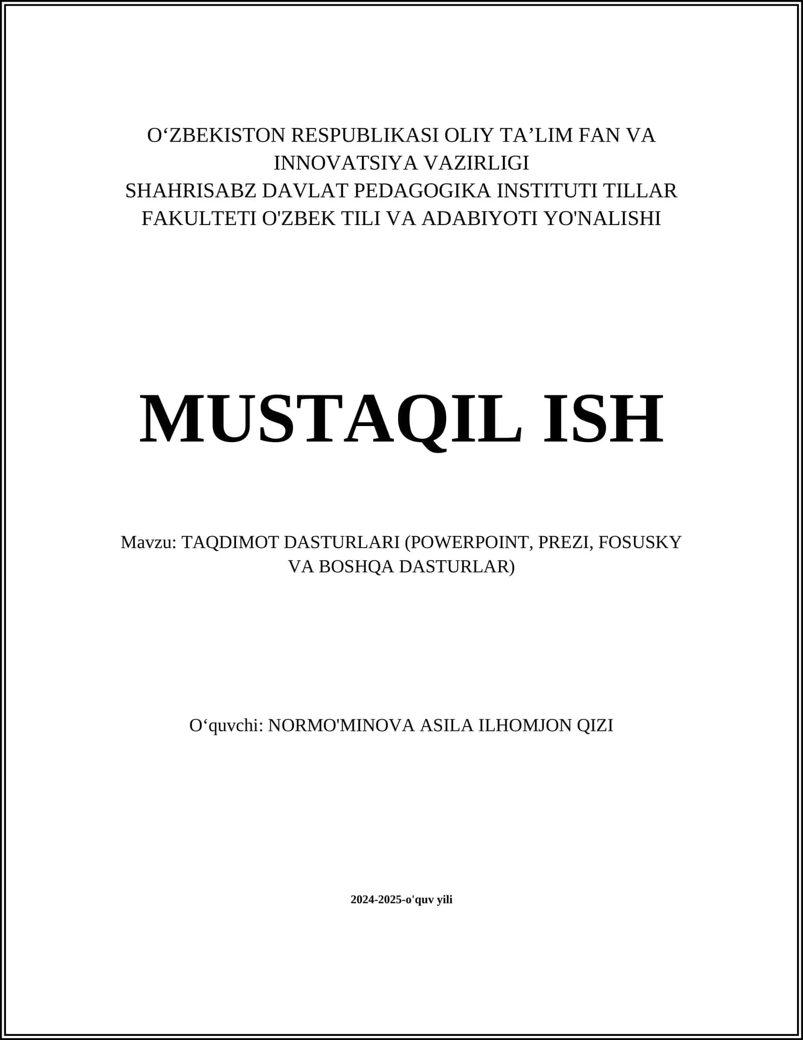 TAQDIMOT DASTURLARI (POWERPOINT, PREZI, FOSUSKY VA BOSHQA DASTURLAR)