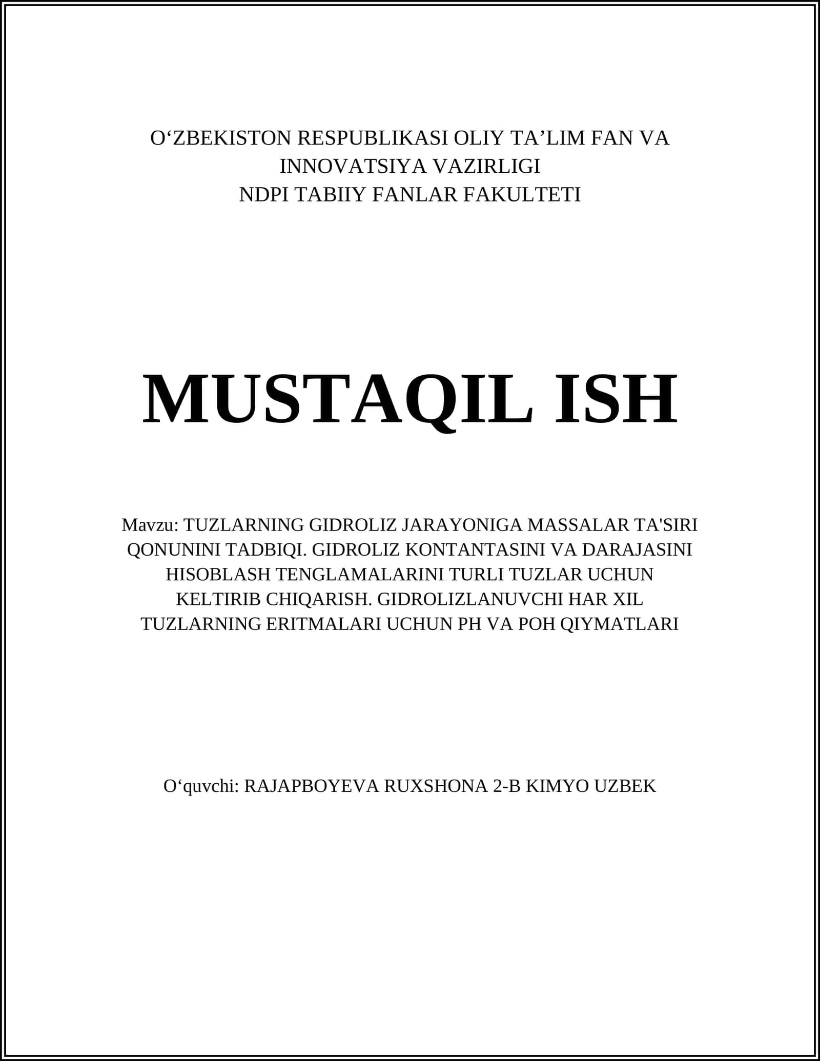 TUZLARNING GIDROLIZ JARAYONIGA MASSALAR TA'SIRI QONUNINI TADBIQI