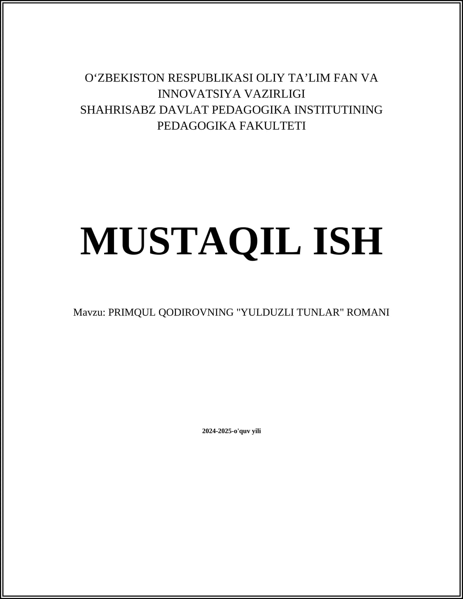 PRIMQUL QODIROVNING "YULDUZLI TUNLAR" ROMANI