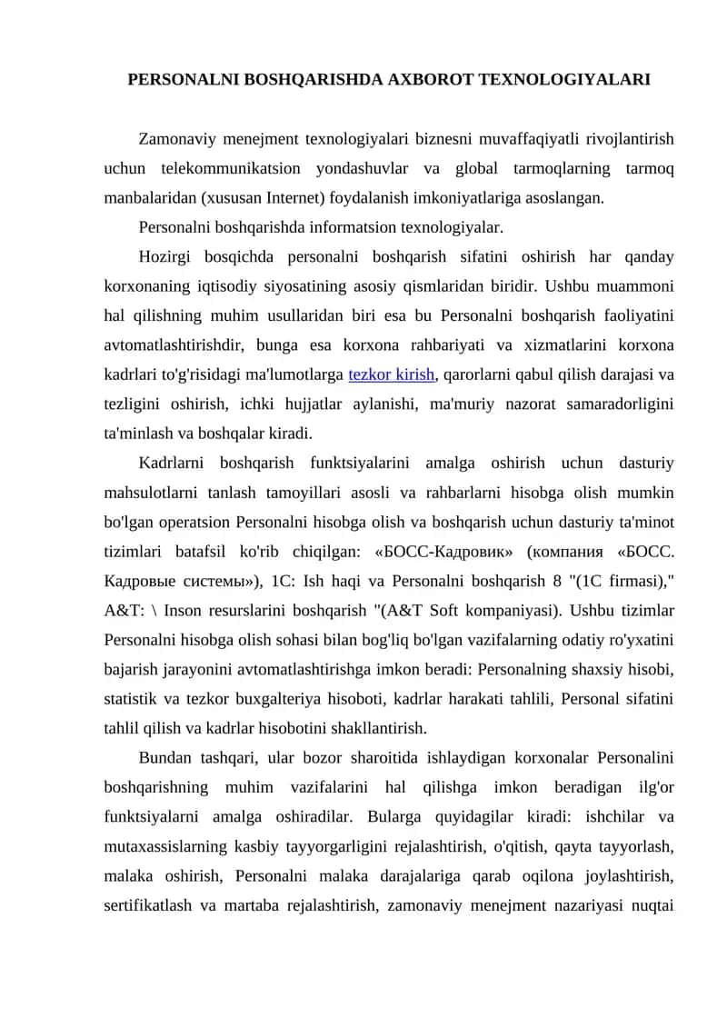 Personalni boshqarishda axborot texnologiyalari