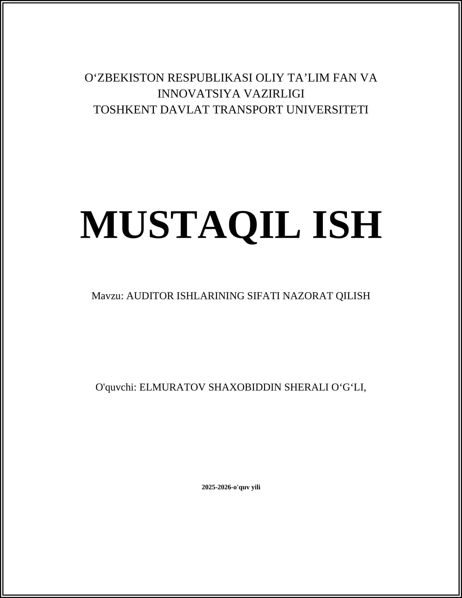 AUDITOR ISHLARINING SIFATI NAZORAT QILISH