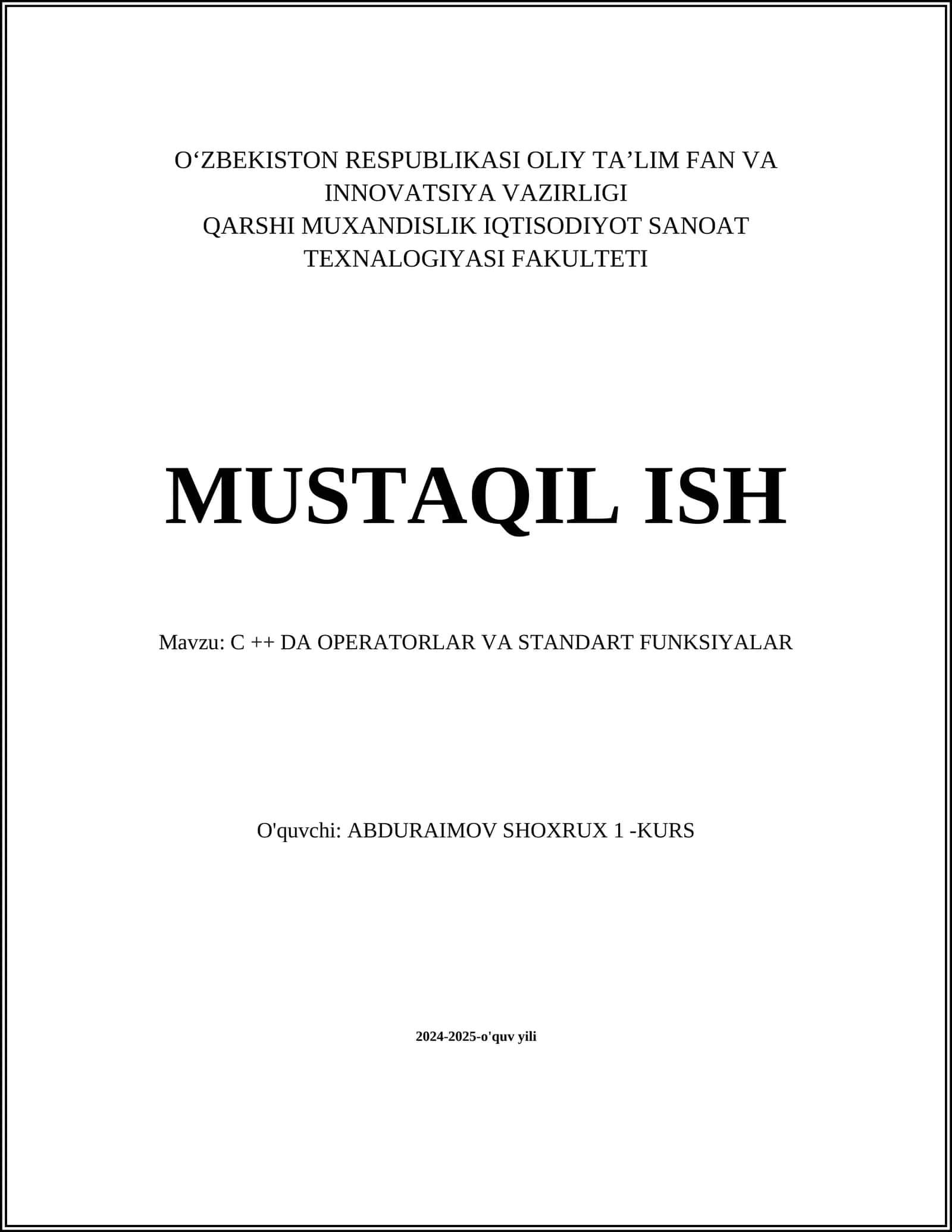 C ++ DA OPERATORLAR VA STANDART FUNKSIYALAR