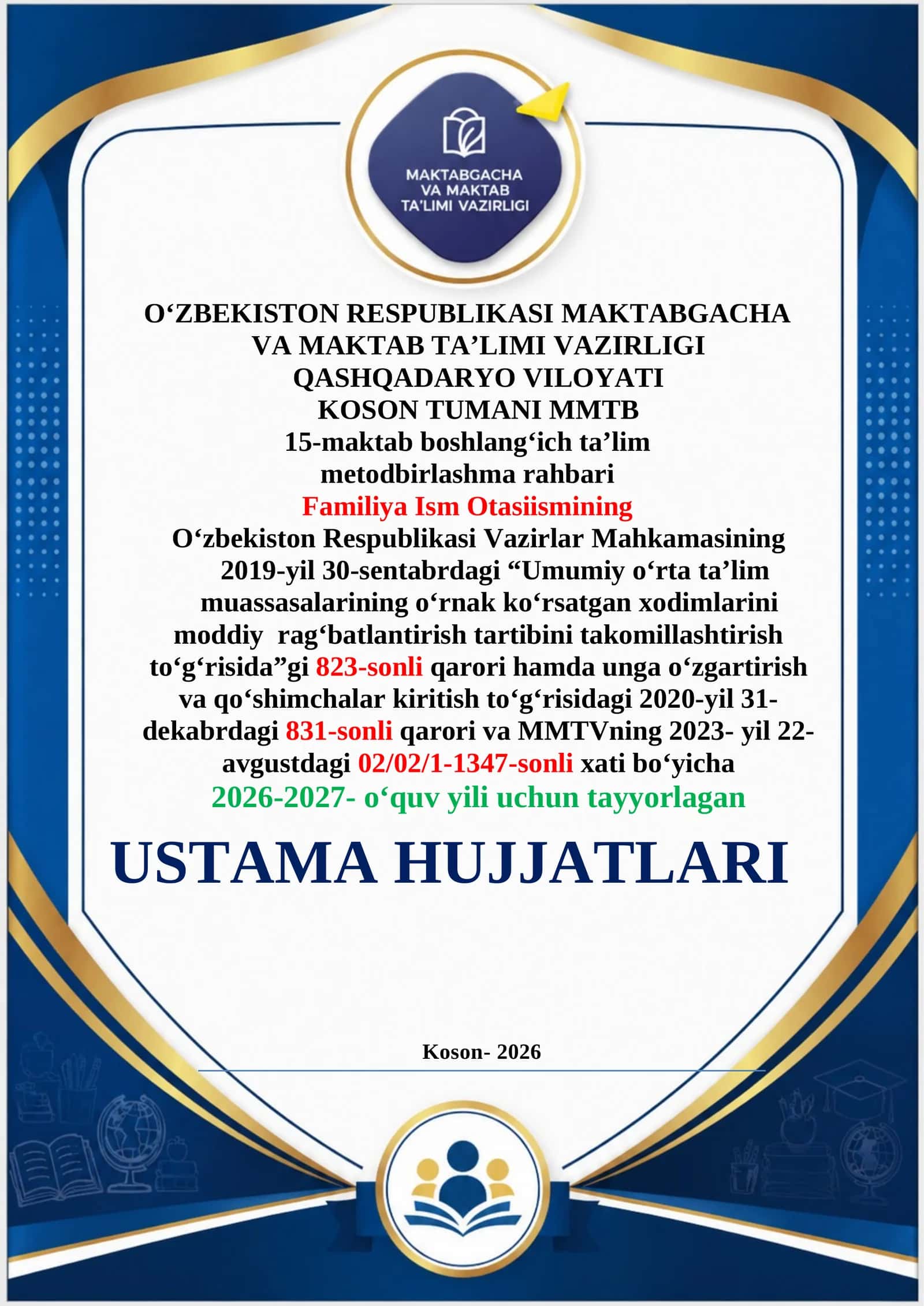 boshlang'ich sinflar metodbirlashma ustama hujjatlari 10% 2025-2026