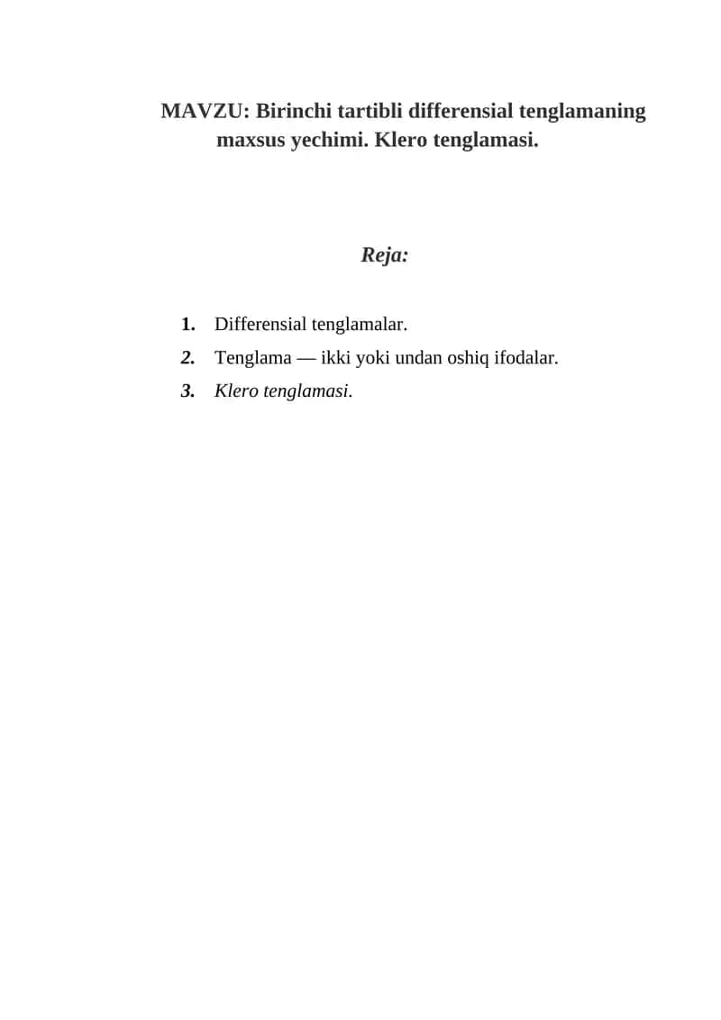 Birinchi tartibli differensial tenglamaning maxsus yechimi