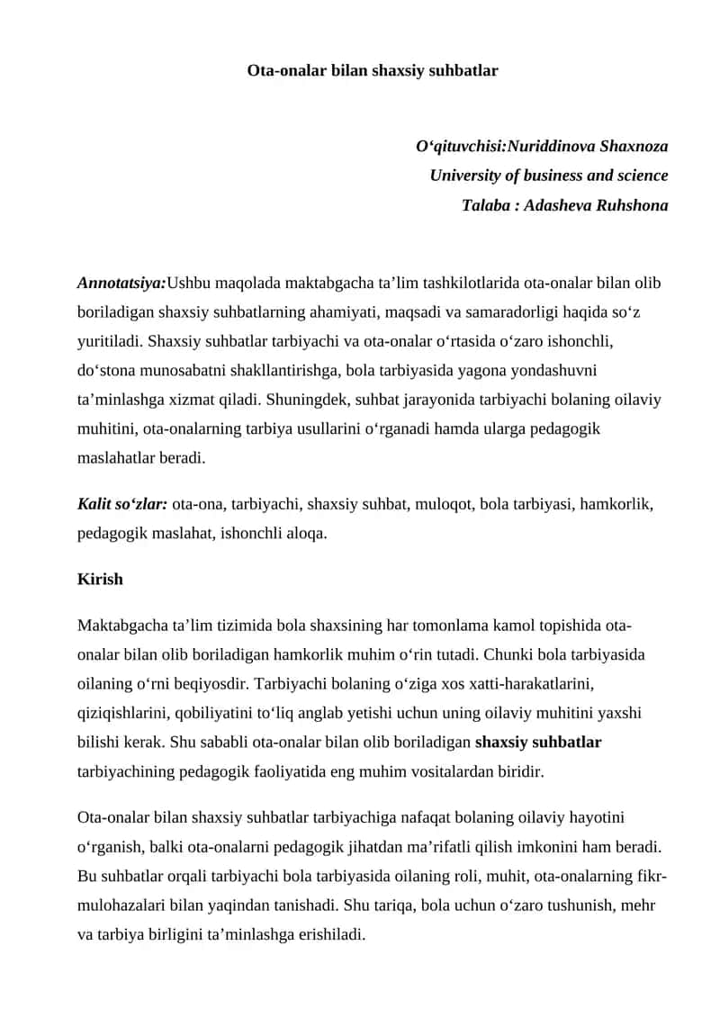 Ota-onalar bilan shaxsiy suhbatlar