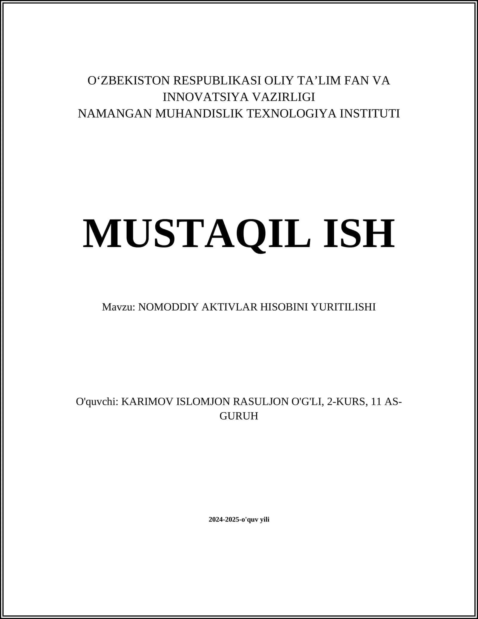 NOMODDIY AKTIVLAR HISOBINI YURITILISHI
