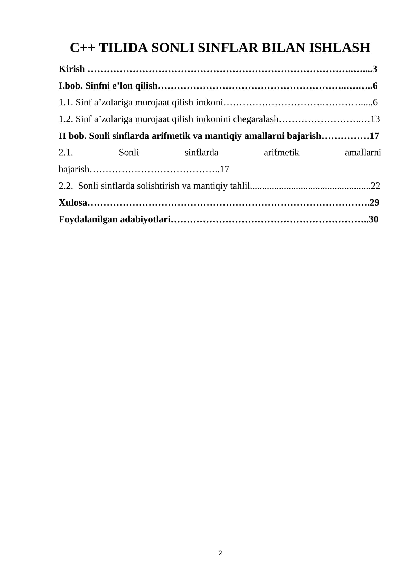 C++ TILIDA SONLI SINFLAR BILAN ISHLASH