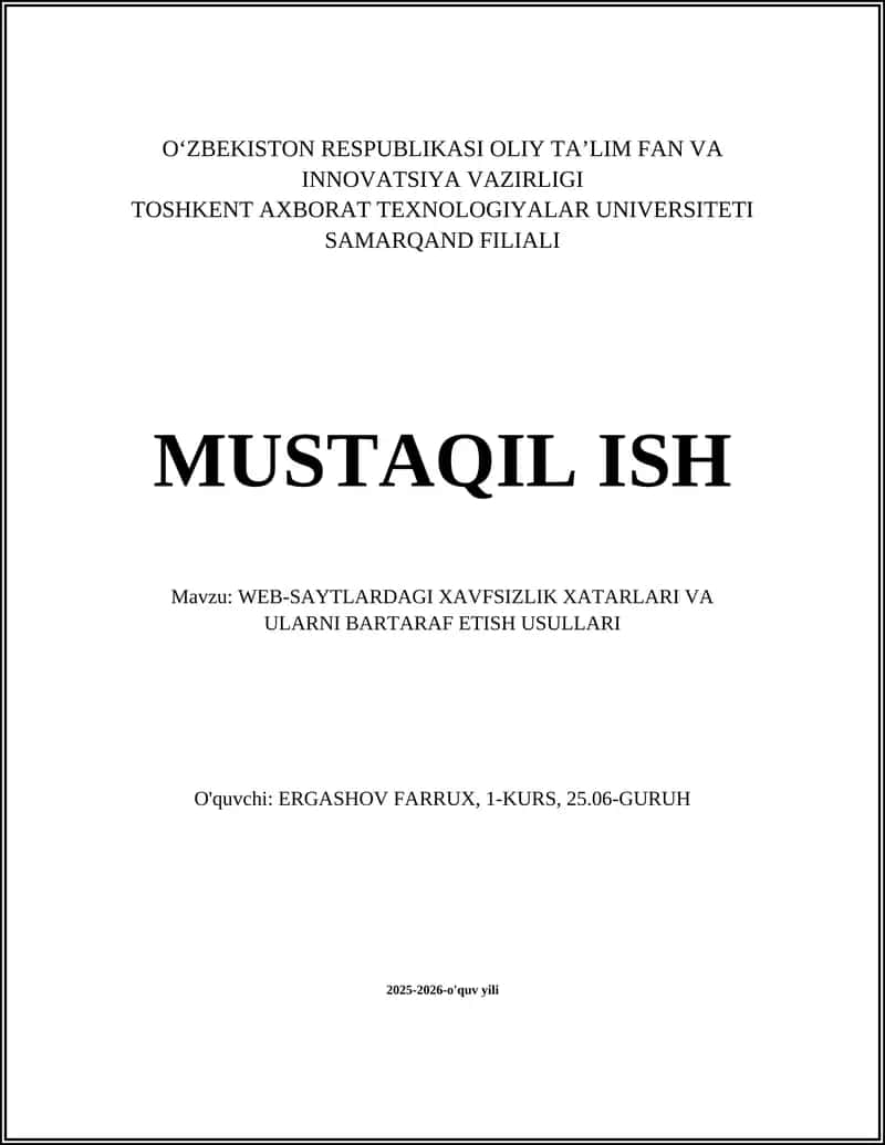 WEB-SAYTLARDAGI XAVFSIZLIK XATARLARI VA ULARNI BARTARAF ETISH USULLARI