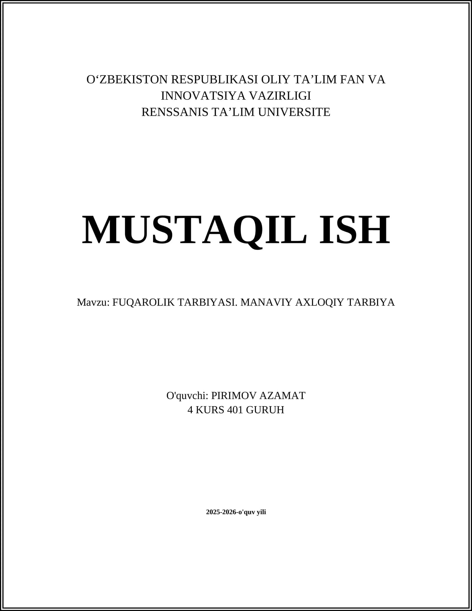 FUQAROLIK TARBIYASI. MANAVIY AXLOQIY TARBIYA