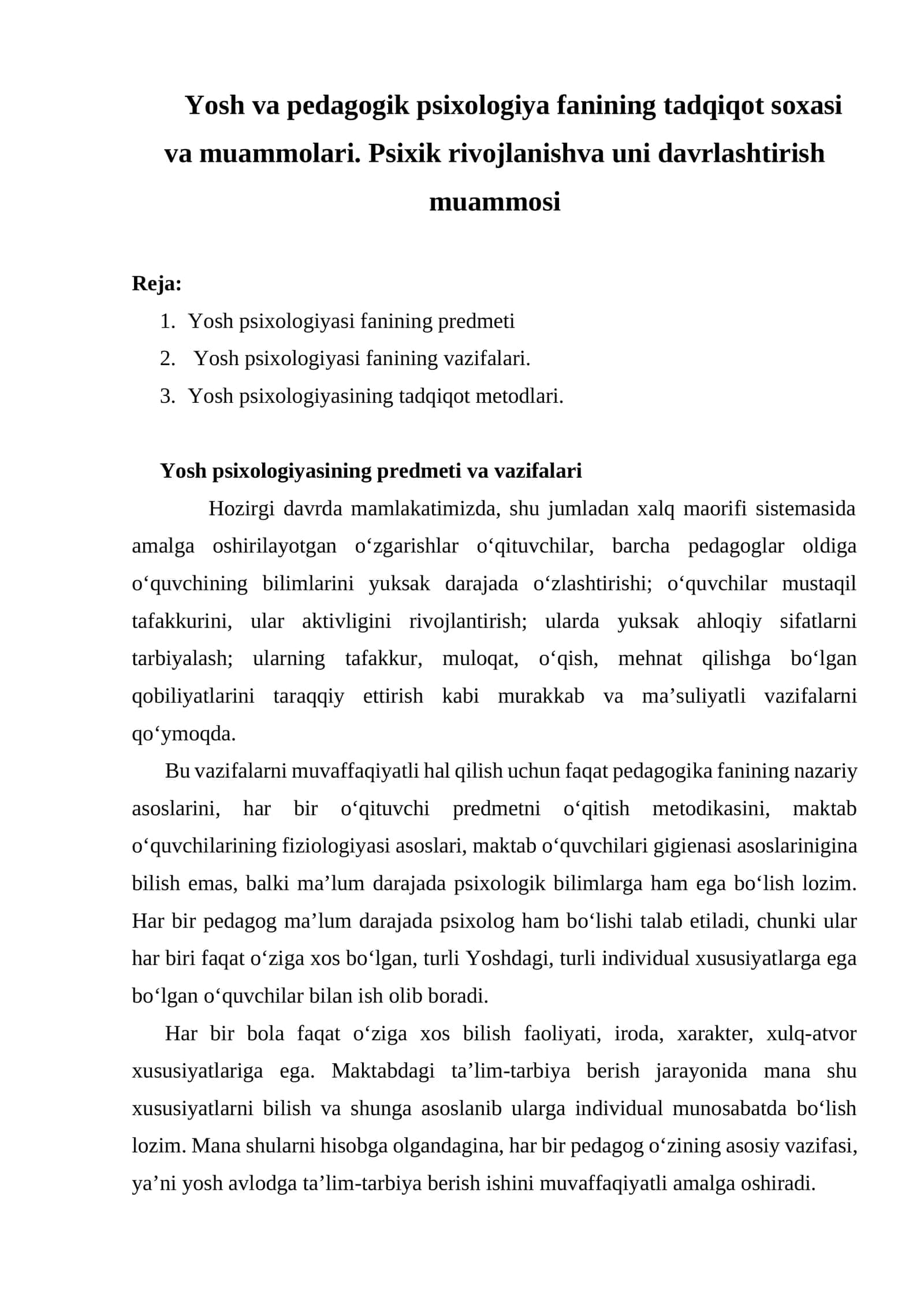 Yosh va pedagogik psixologiya fanining tadqiqot soxasi va muammolari