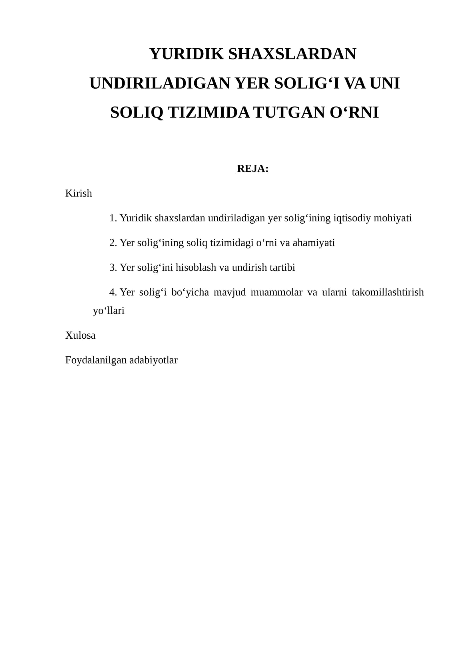Yer Solig‘i va Uni Soliq Tizimida Tutgan O‘rni