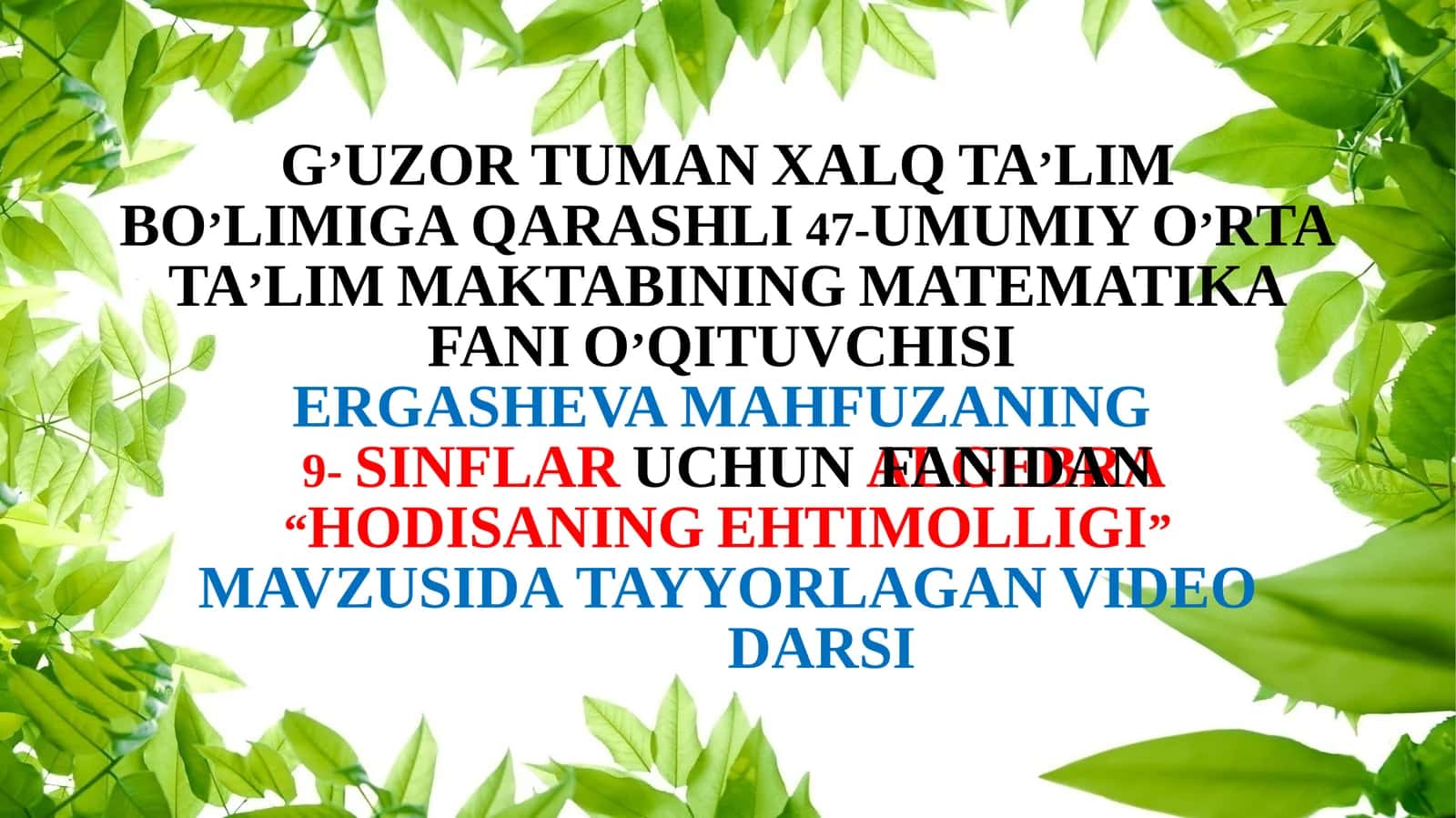 9-sinf Algebra fanidan Hodisaning ehtimolligi mavzusida ochiq dars ishlanma
